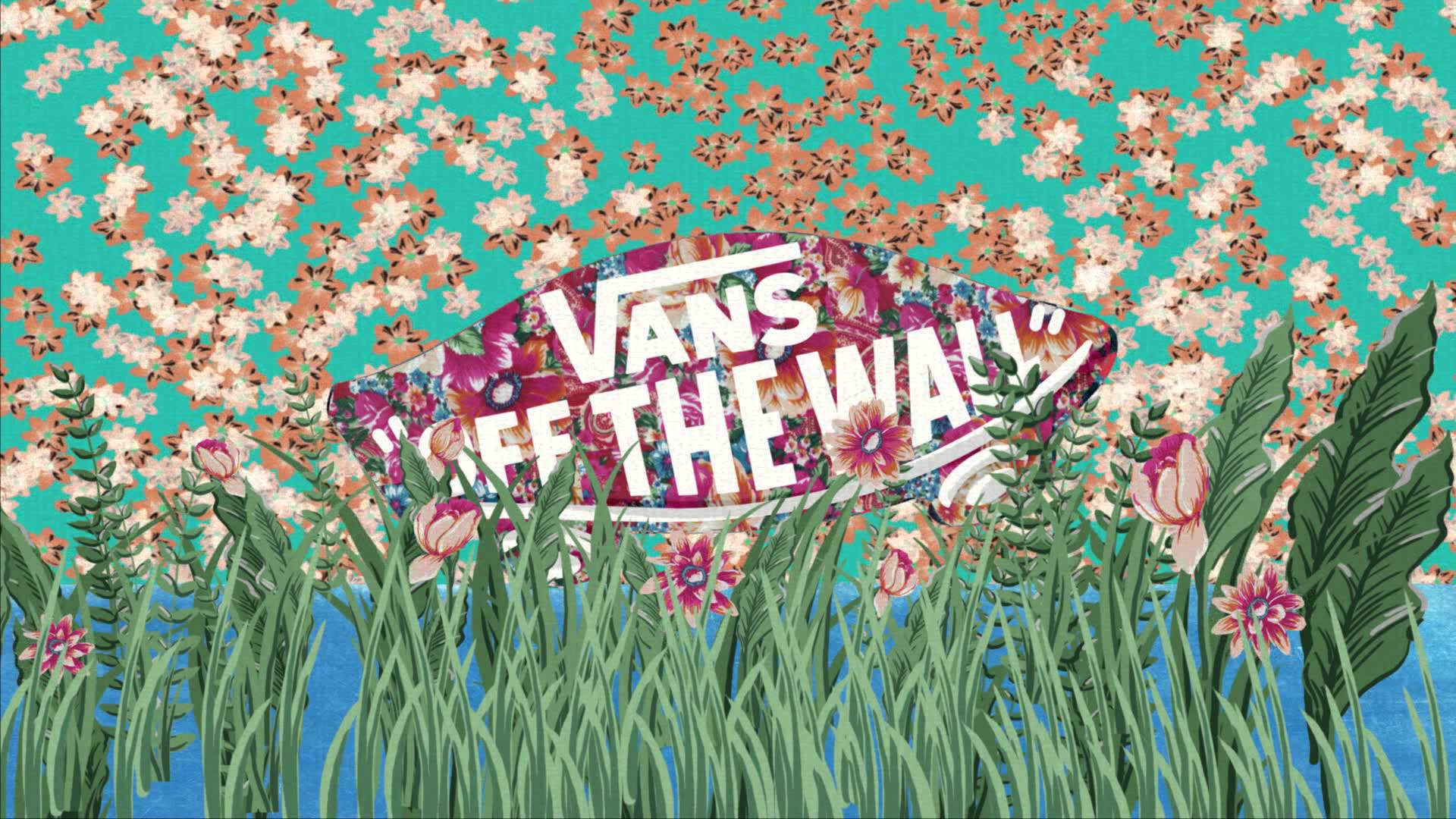 Vans, Off The Wall, Blumen, Gräser, Illustration, Türkis, Full HD, PC-Hintergrundbild