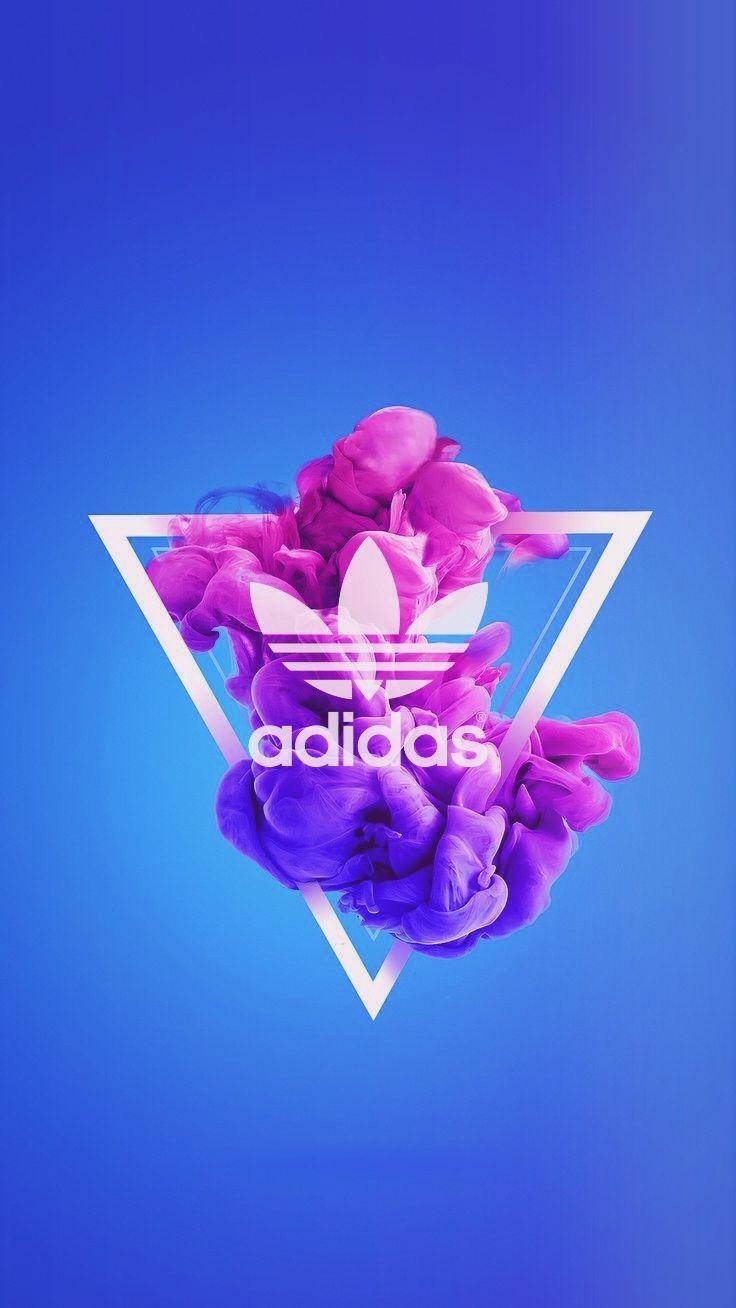 Adidas, Kleeblatt-Logo, Dreieck, Farbwolke, Blauer Hintergrund, Sperrbildschirm fürs iPhone