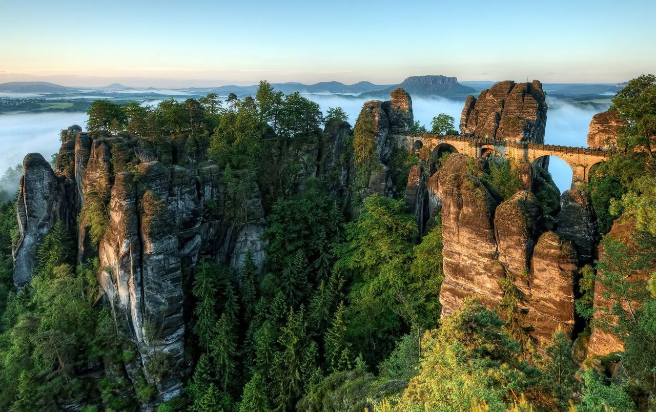 Basteibrücke, Sächsische Schweiz, Elbsandsteingebirge, Felsen, Wald, HD, Windows-Hintergrundbild