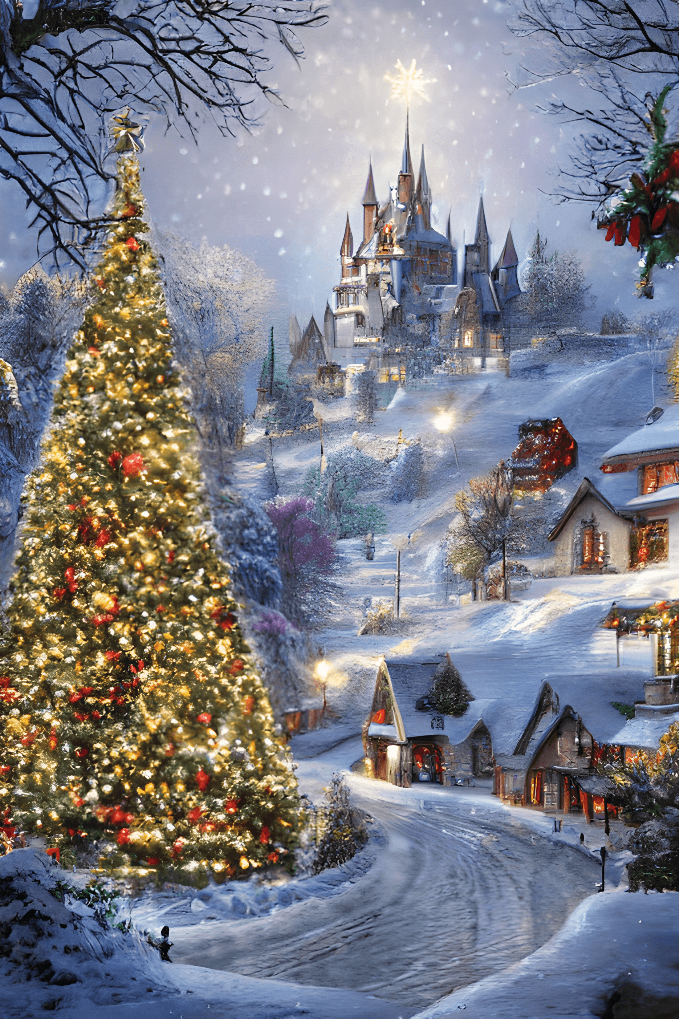 Christbaum, Verschneites Dorf, Schloss, Digitale Kunst, Märchenhaft, Full HD, Handy-Hintergrund