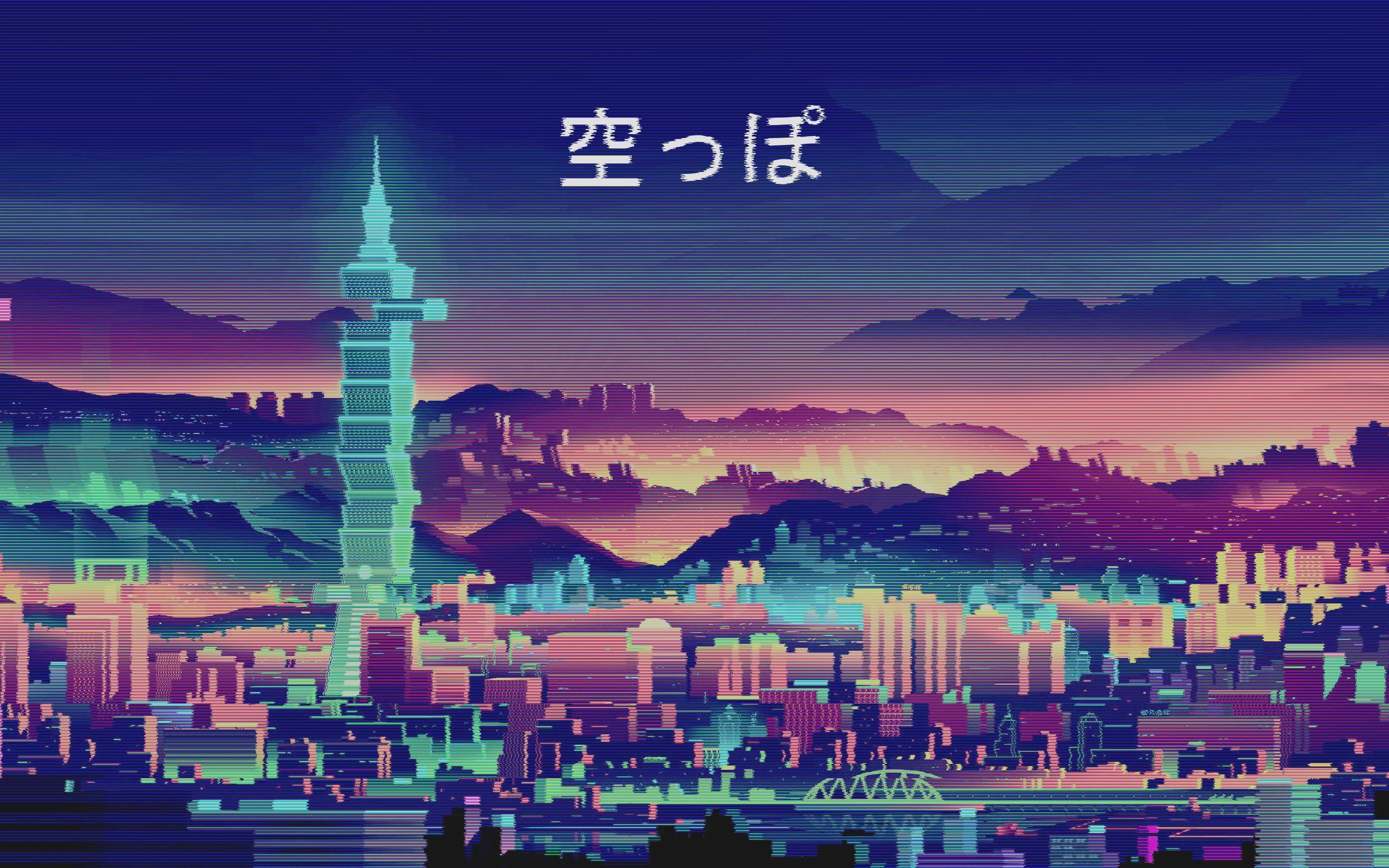 Taipei 101, Taipeh, Skyline, Pixel-Art, Japanische Schrift, Synthwave, 2K, Desktop-Hintergrund