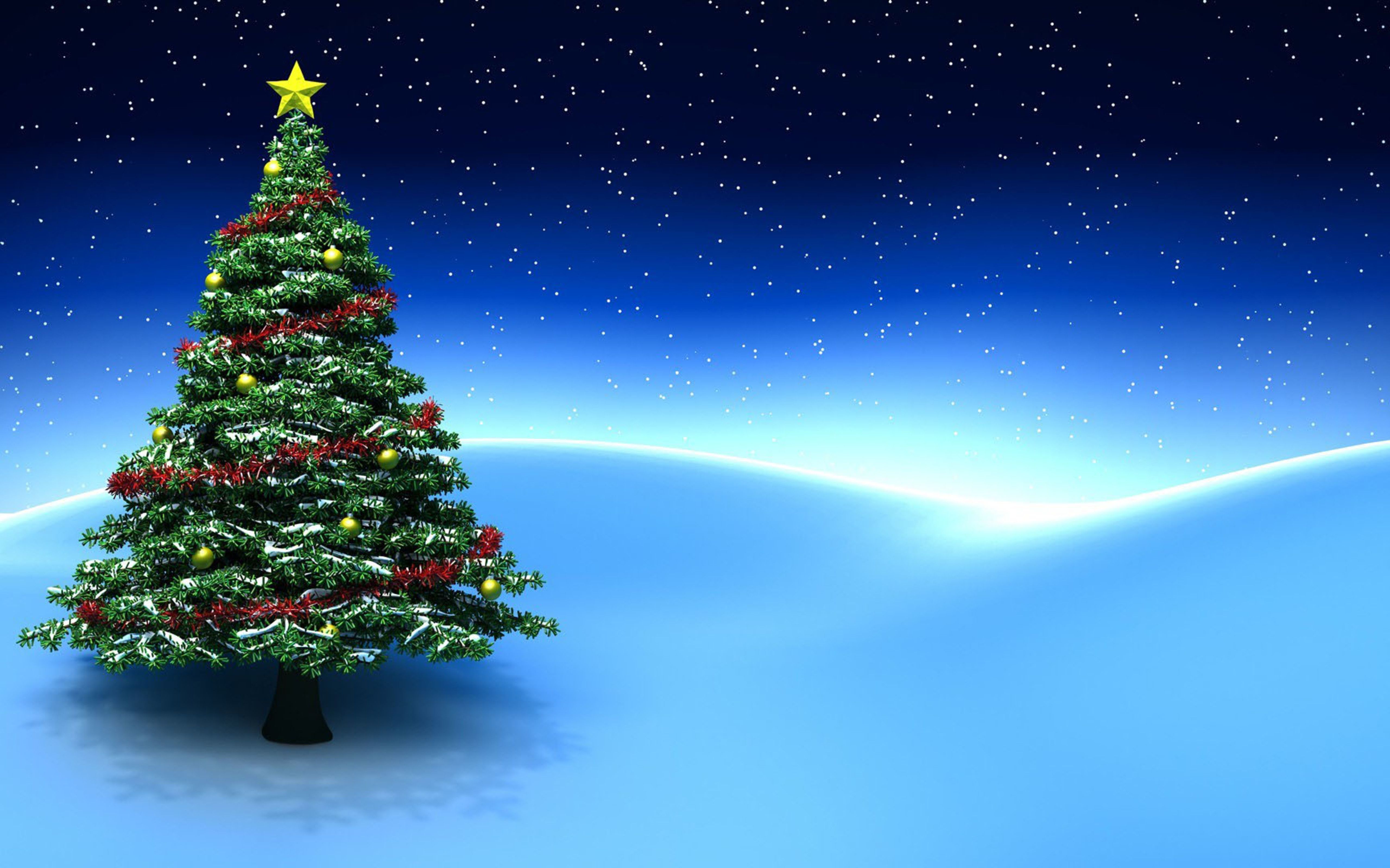 Tannenbaum, Stern, Schneelandschaft, Sternenhimmel, 3D-Grafik, Blaue Töne, 5K, Windows-Hintergrundbild