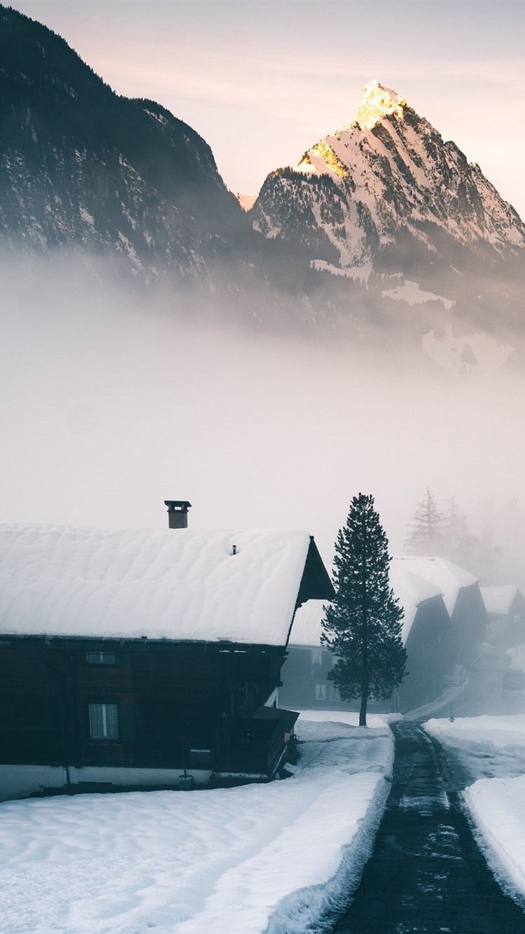 Winter, Nebel, Holzhütte, Schnee, Berggipfel, HD, Sperrbildschirm fürs iPhone
