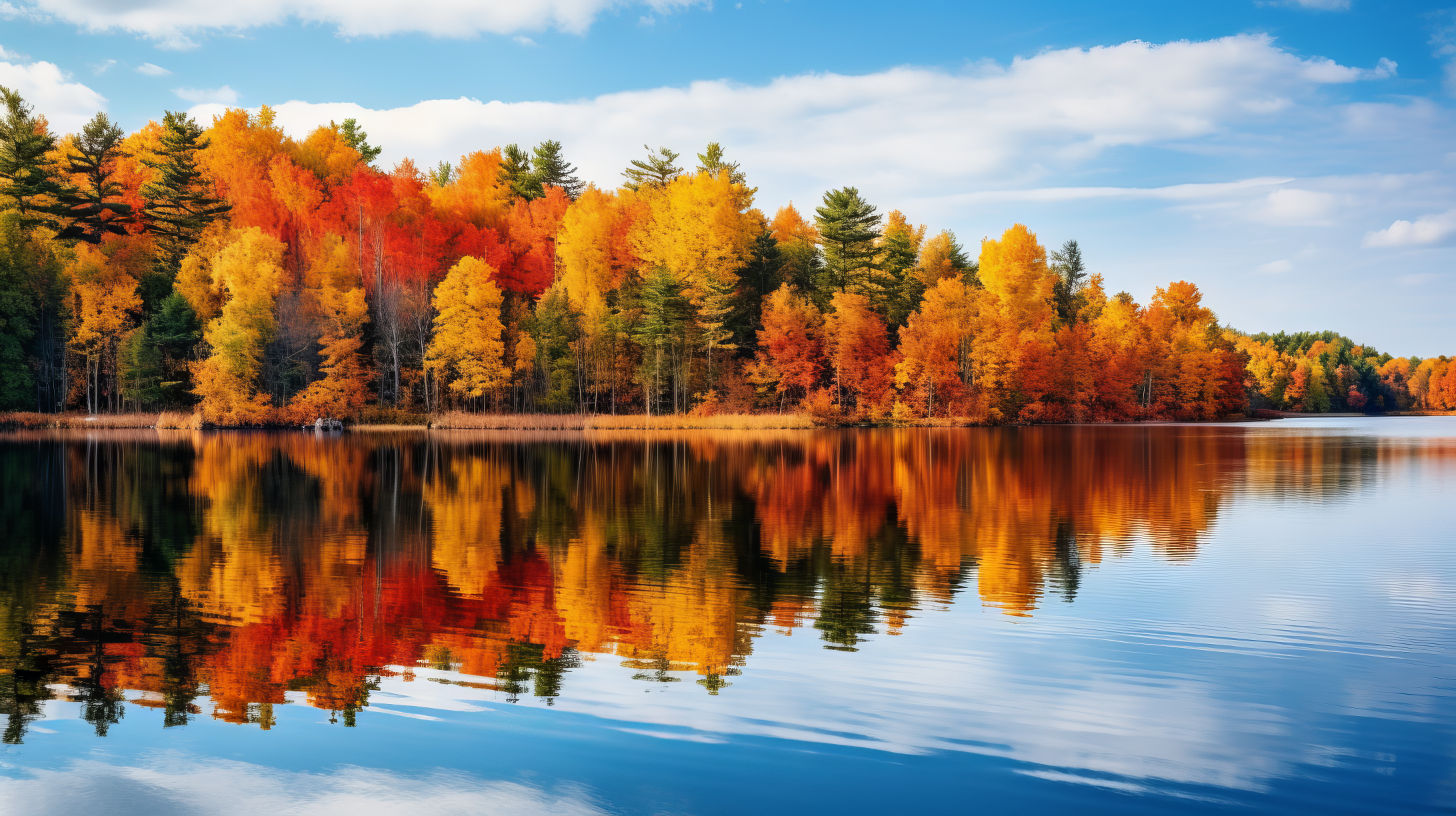 See, Spiegelung, Herbstwald, Blauer Himmel, Wolken, 16:9, Full-HD-Hintergrundbild für den Desktop