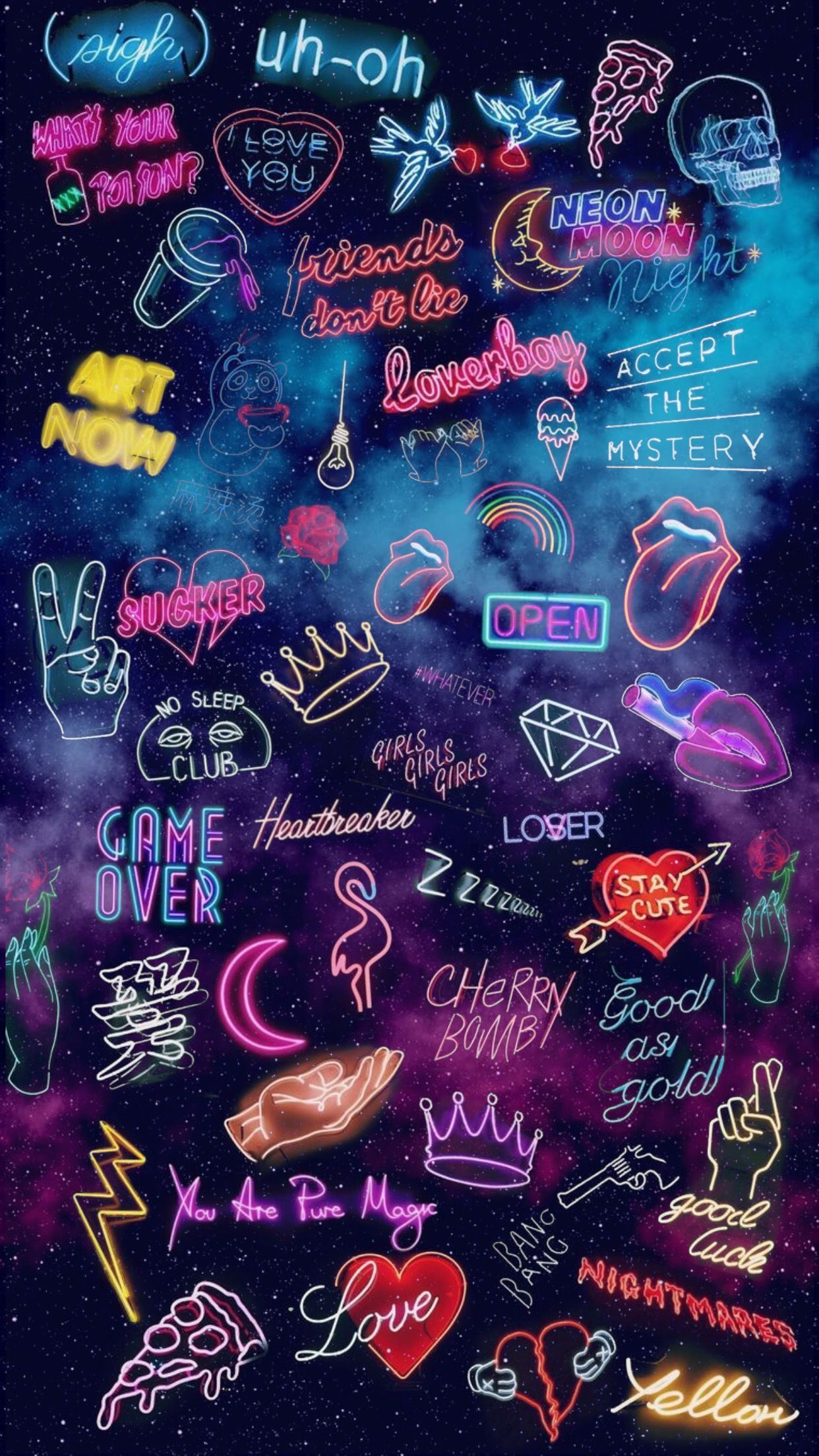 Neon-Doodles, Game Over, Neonschilder, Collage, Dunkel, Full HD, Hintergrundbild fürs Handy