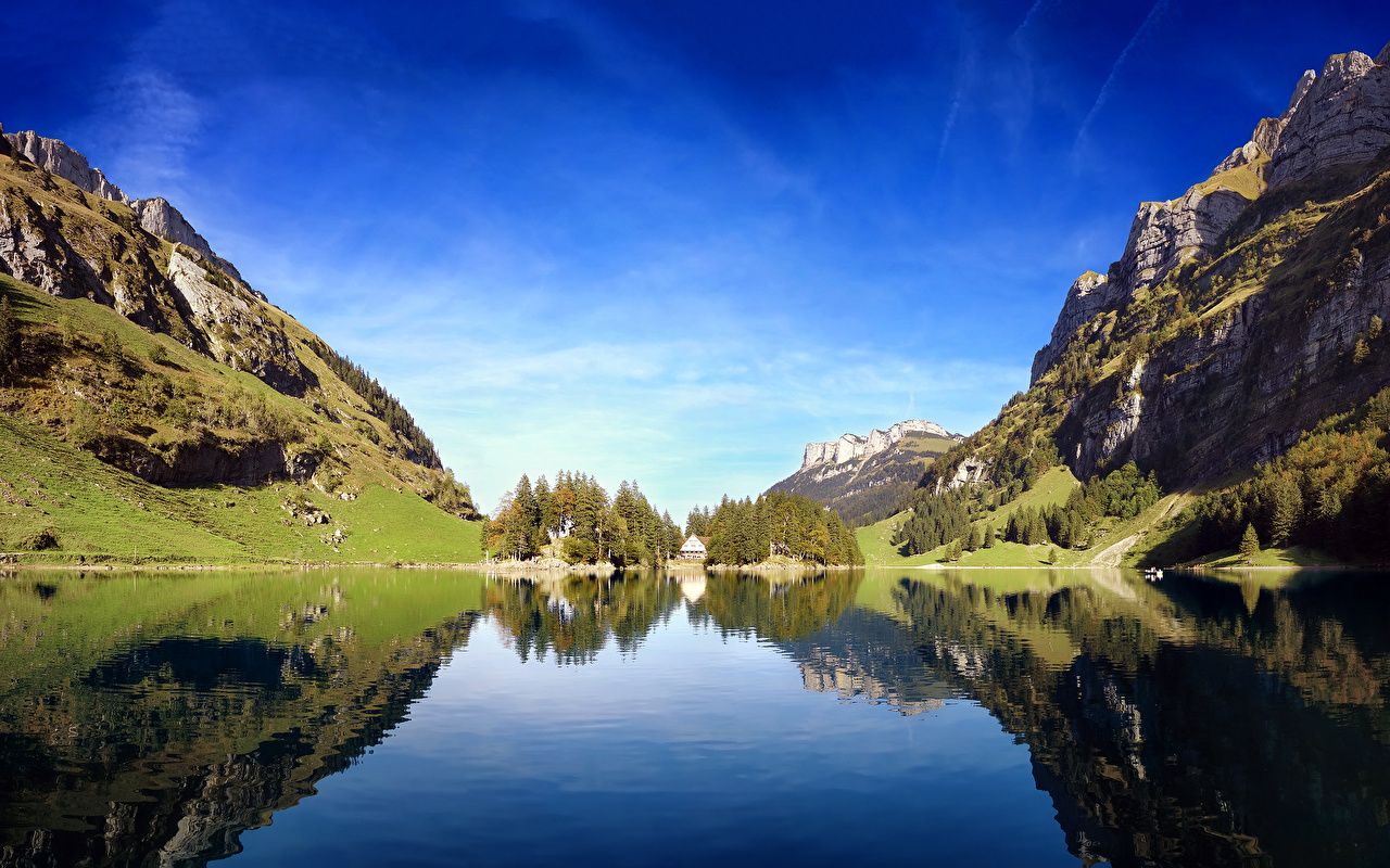 Seealpsee, Alpstein, Spiegelung, Bergsee, Blauer Himmel, HD, Desktop-Hintergrund