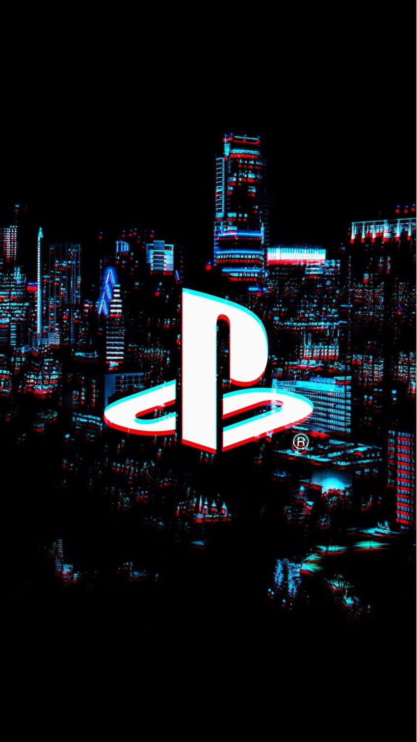PlayStation-Logo, PlayStation, Stadt, Nacht, Glitch-Effekt, HD, Handy-Hintergrund