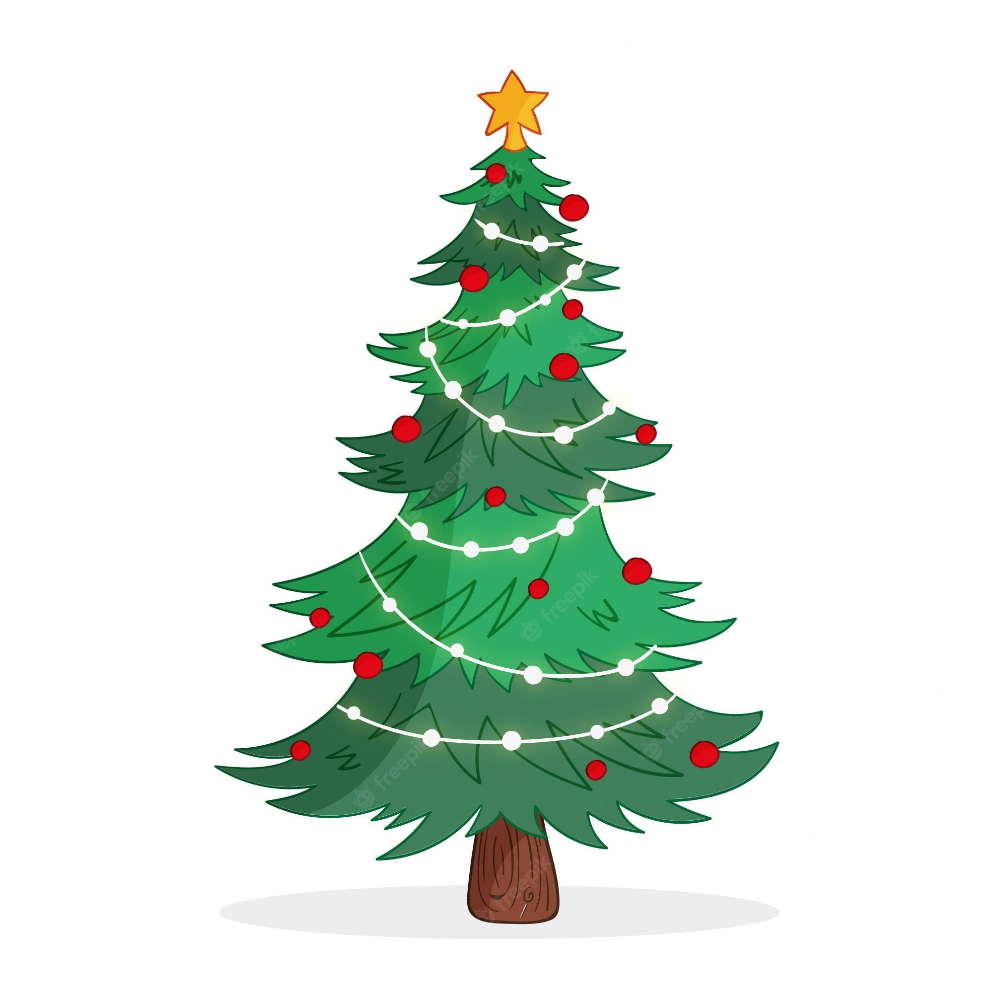 Tannenbaum, Stern, Lichterkette, Illustration, Weißer Hintergrund, Full HD Wallpaper