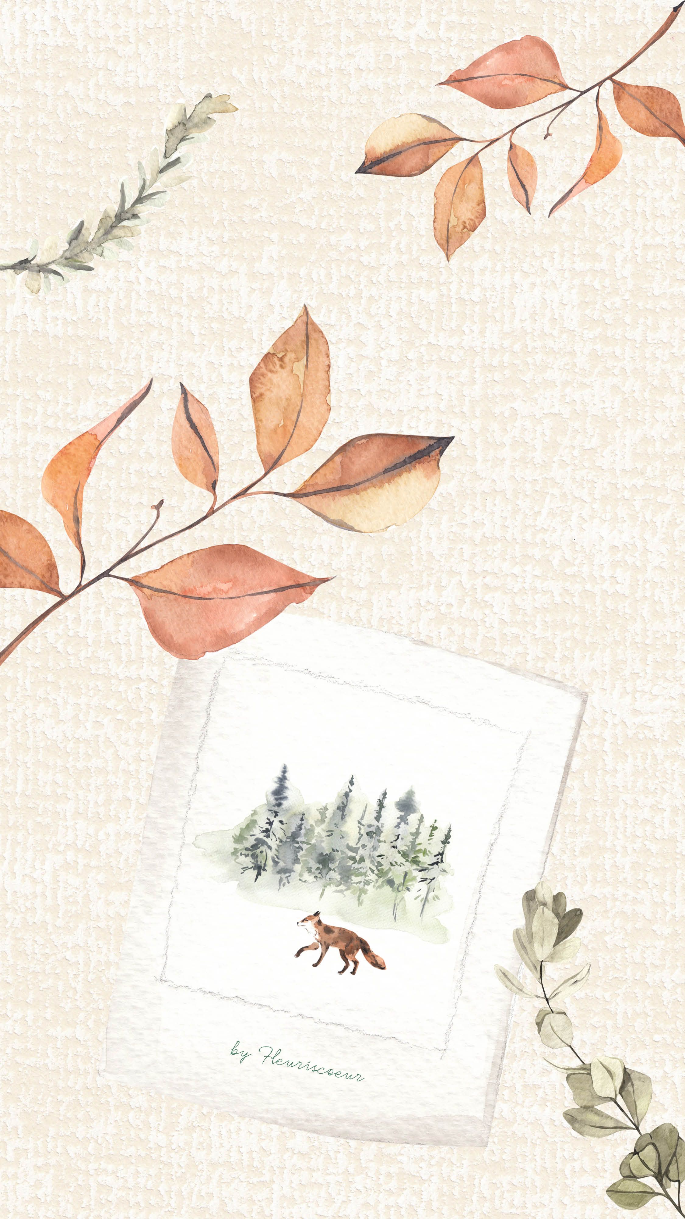 Herbstzweig, Blätter, Fuchs, Aquarell, Postkarte, QHD+, Handy-Hintergrund im Hochformat