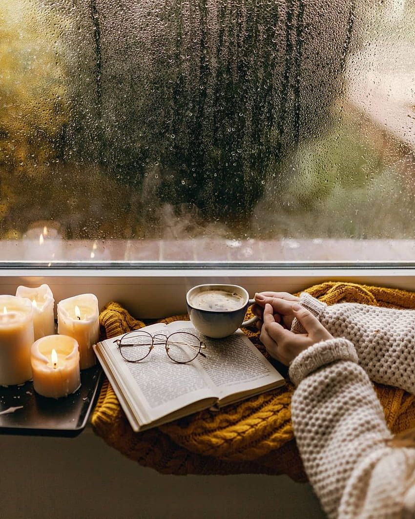 Regen, Fenster, Kaffee, Kerzen, Buch, Gemütlich, HD, iPad-Hintergrundbild
