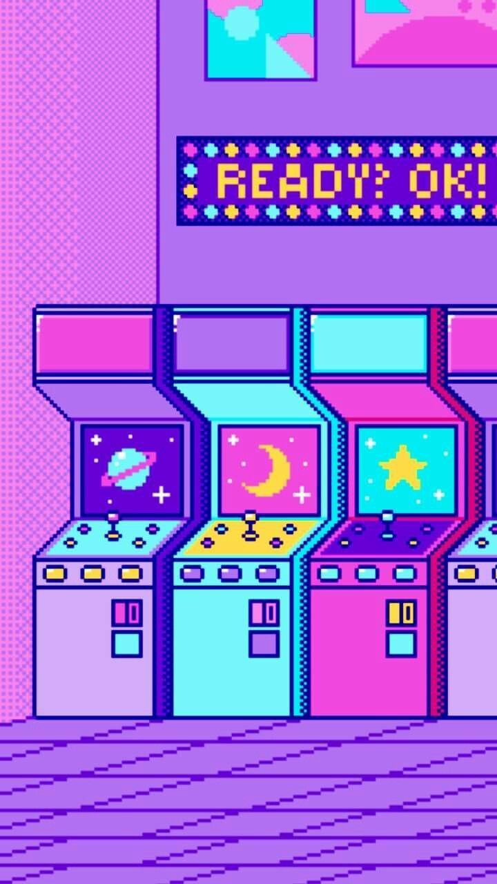 Arcade-Automaten, Pixel-Art, Ready? OK!, Lila, Pastell, HD, Sperrbildschirm fürs iPhone