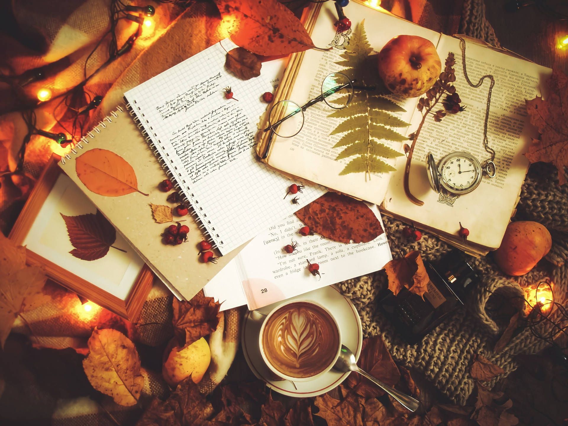 Flatlay, Notizbuch, Kaffee, Taschenuhr, Getrocknete Blätter, Lichterkette, Full HD, Tablet-Hintergrund
