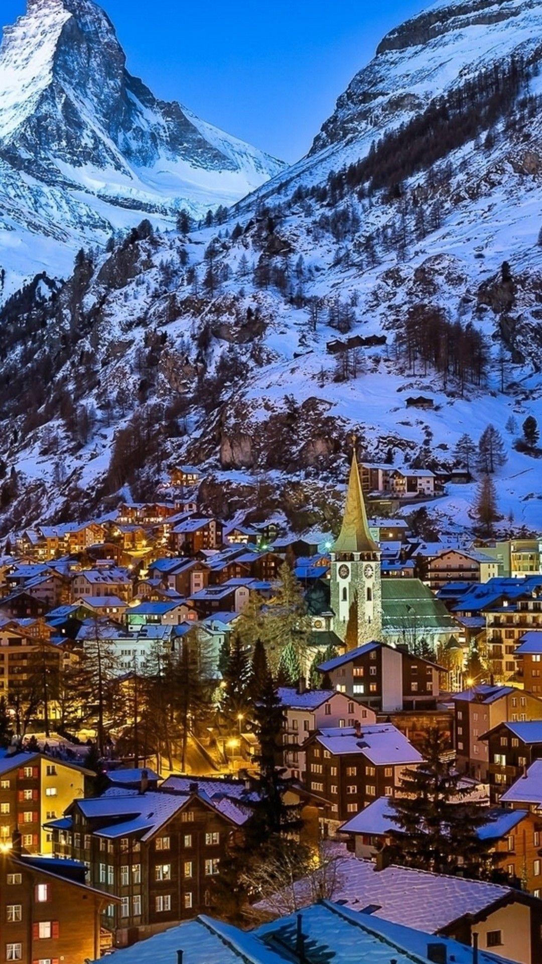 Zermatt, Matterhorn, Bergdorf, Nacht, Winter, Full HD, Hintergrundbild fürs Handy