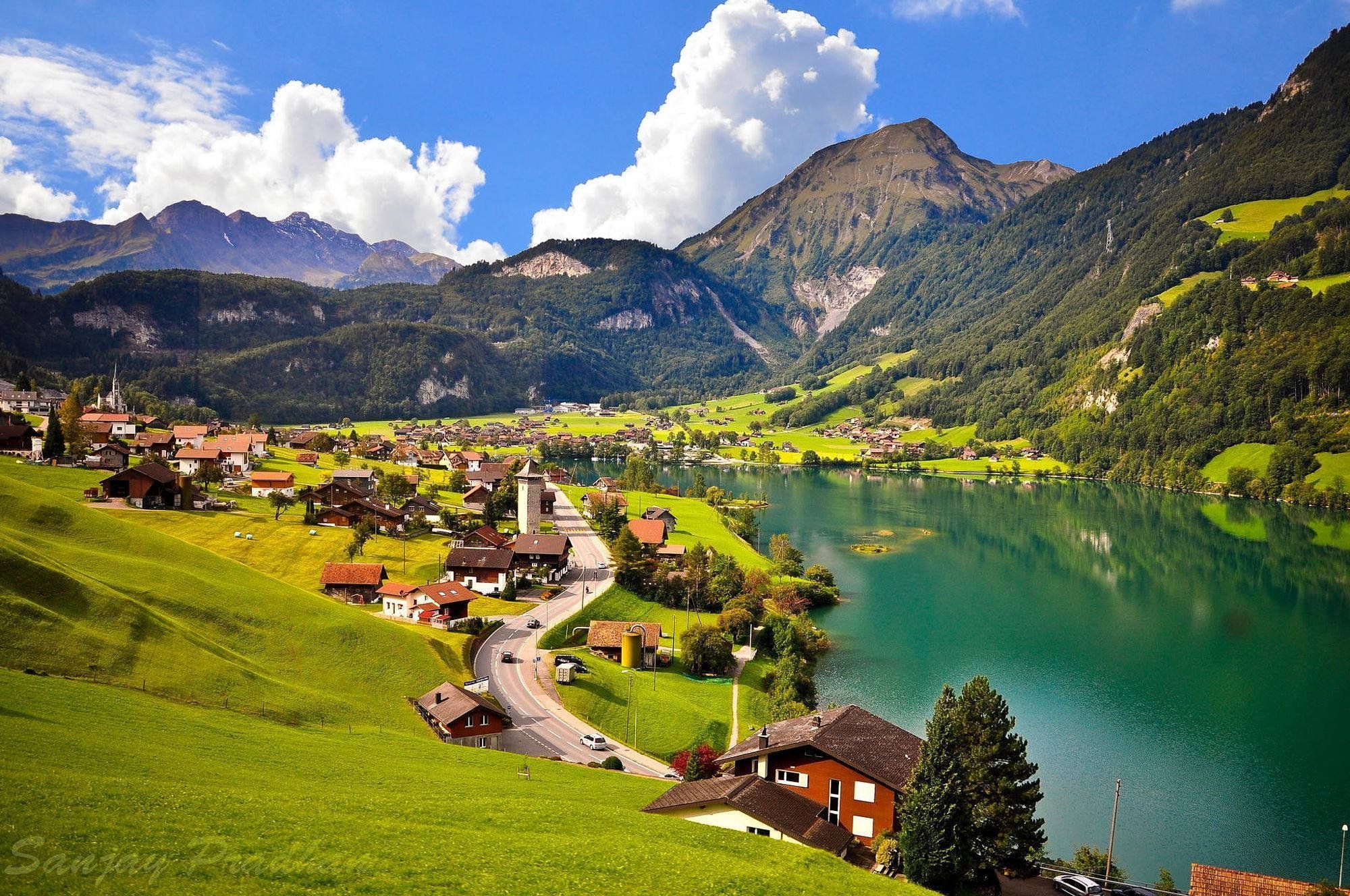 Bergdorf, See, Alpen, Schweiz, Sommer, Full HD, Desktop-Hintergrund für Windows