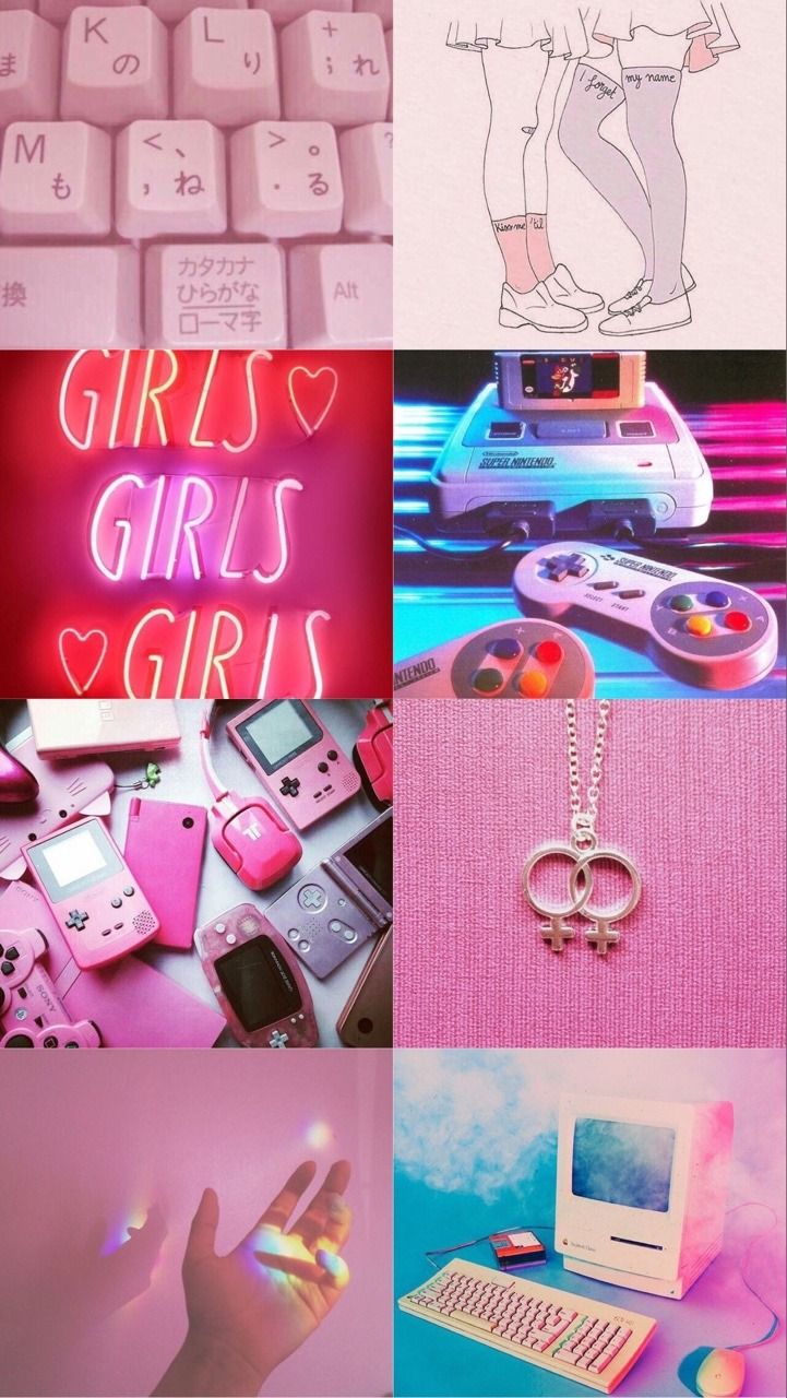 Collage, Girls, Neon, Gaming-Ästhetik, Rosa, HD, Hintergrundbild fürs Handy