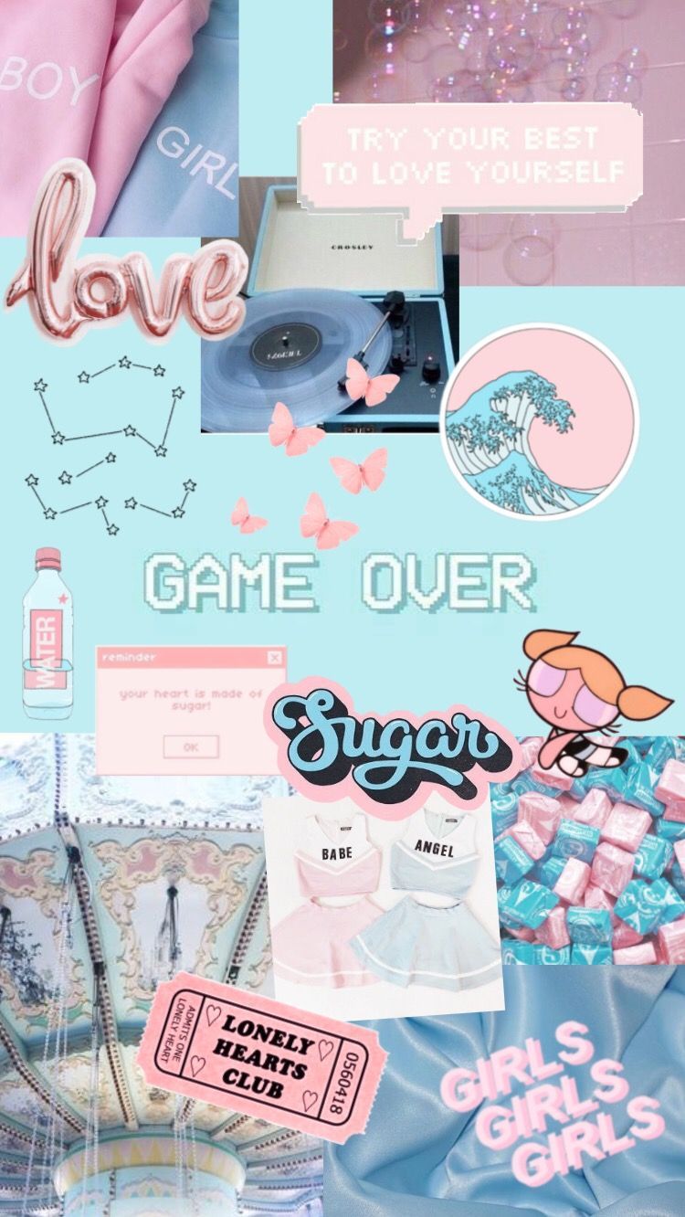 Collage, Game Over, Pastell, Rosa und Hellblau, Ästhetik, HD, Handy-Hintergrund
