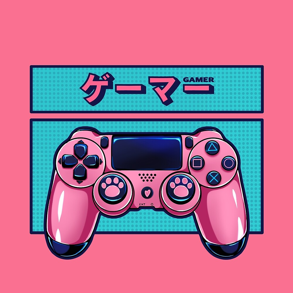 DualShock 4, Gamer, Katakana, Rosa Controller, Illustration, Hintergrundbild fürs iPad