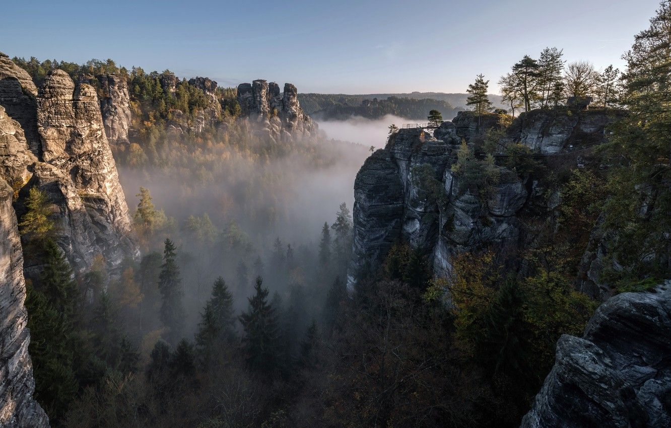 Sächsische Schweiz, Elbsandsteingebirge, Nebel, Felsen, Wald, HD, Laptop-Hintergrundbild