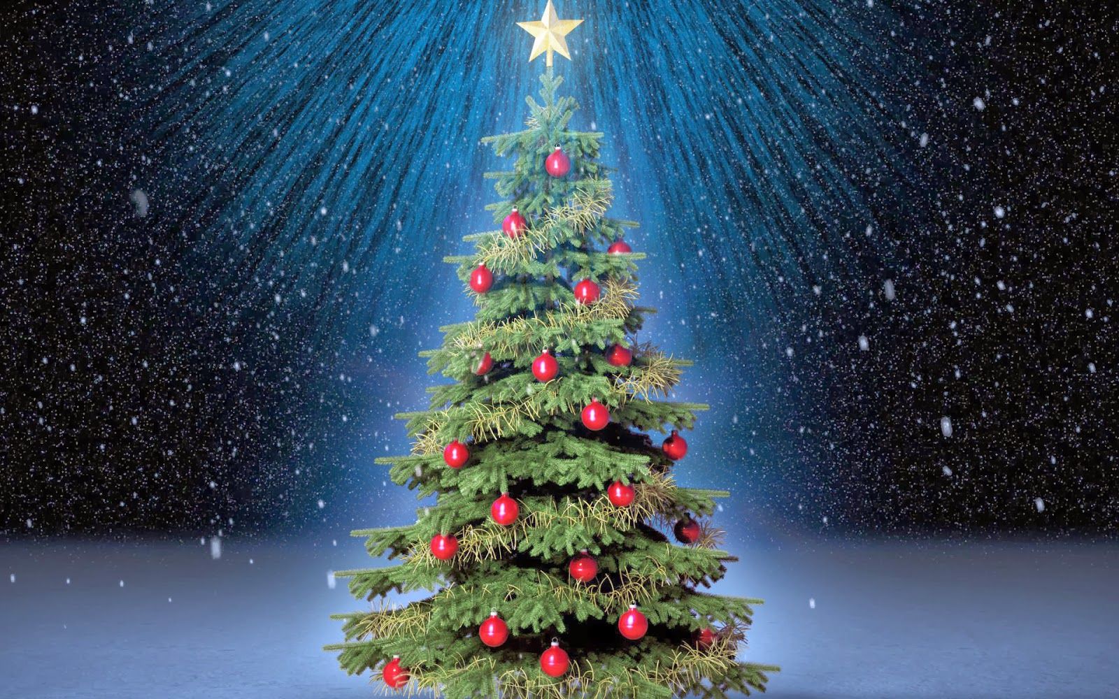 Tannenbaum, Stern, Lichtstrahlen, Schneefall, Rote Kugeln, Blaue Töne, HD, Laptop-Hintergrundbild