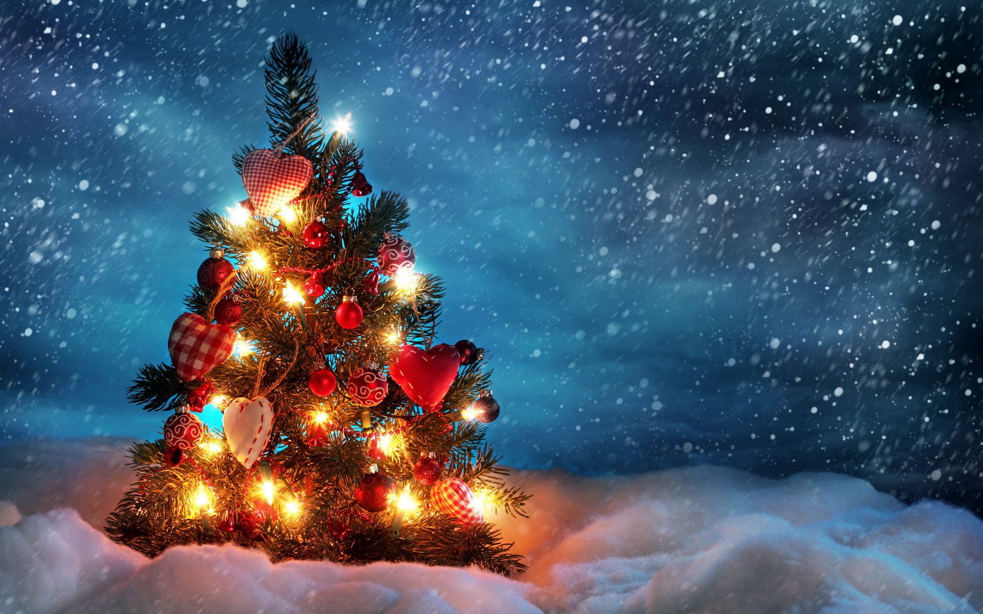 Christbaum, Lichter, Schnee, Schneefall, Nacht, 16:10, Full-HD-Hintergrundbild für den Desktop