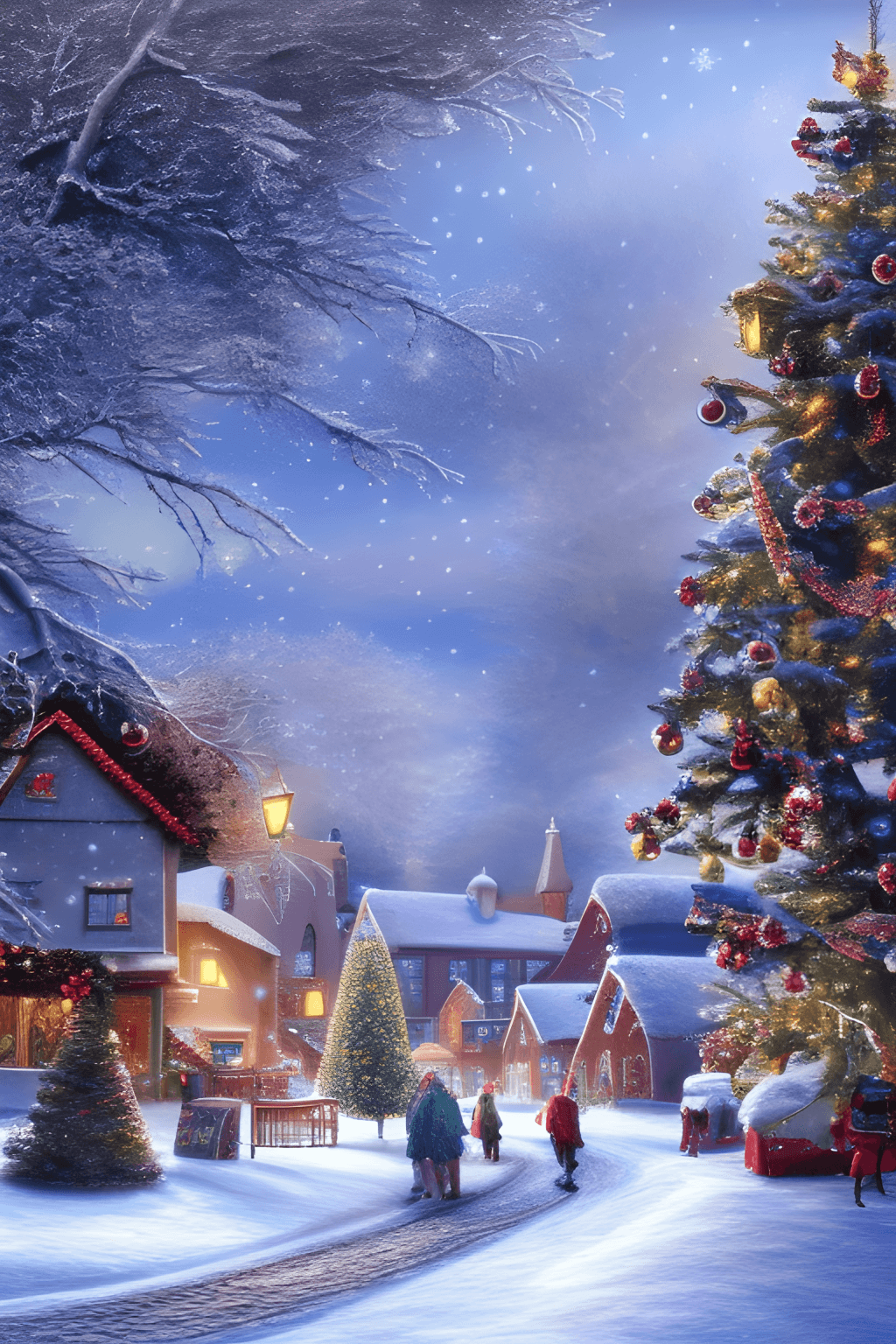 Verschneites Dorf, Christbaum, Winterabend, Digitale Kunst, Spaziergänger, HD, iPhone-Hintergrundbild