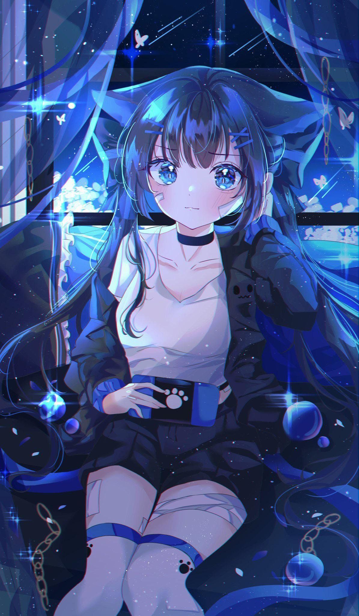 Anime-Mädchen, Gamerin, Controller, Blau, Katzenohren, Full HD, Sperrbildschirm fürs iPhone