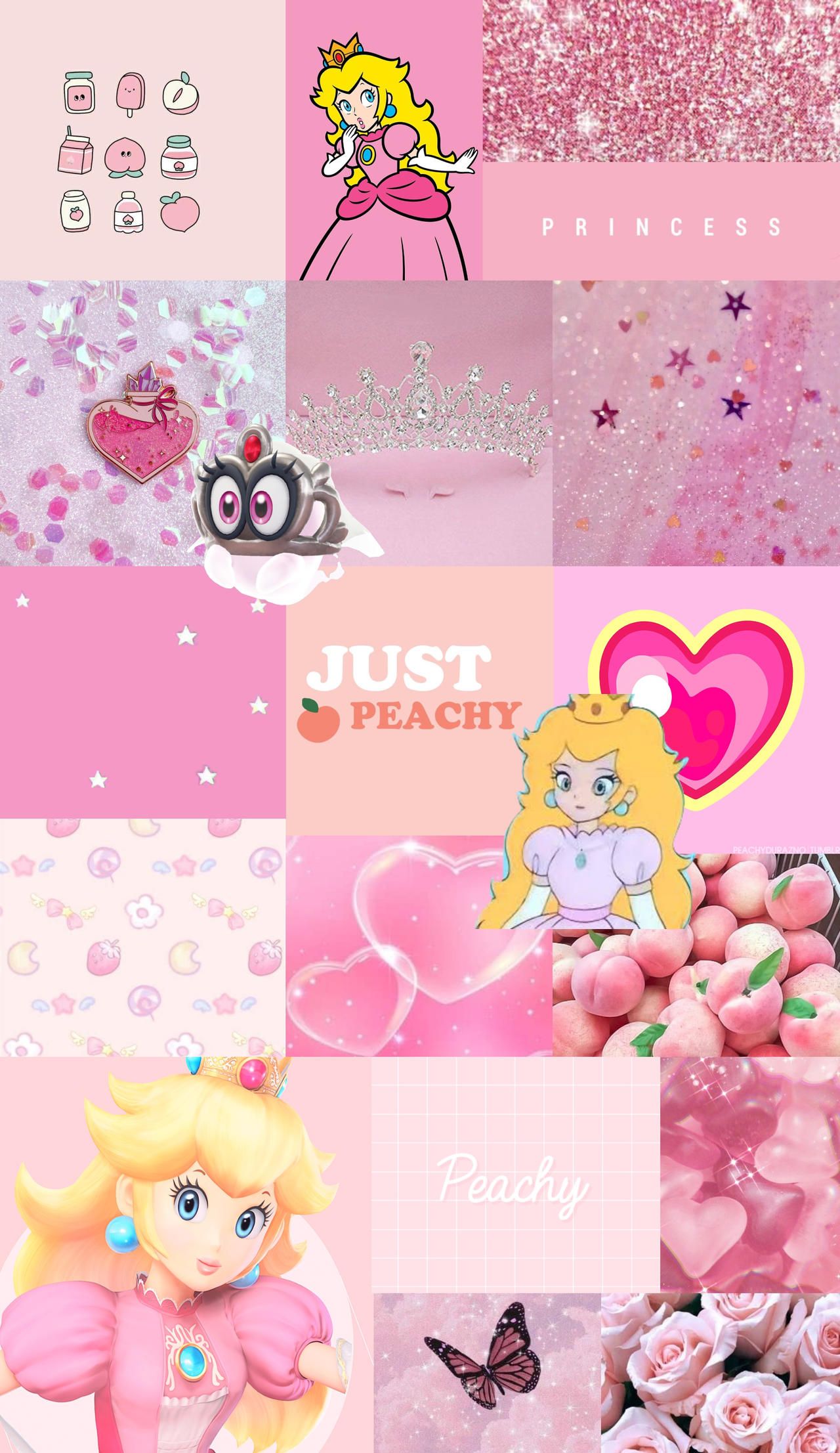 Prinzessin Peach, Super Mario, Collage, Rosa, Herzen, Full HD, Handy-Hintergrund im Hochformat
