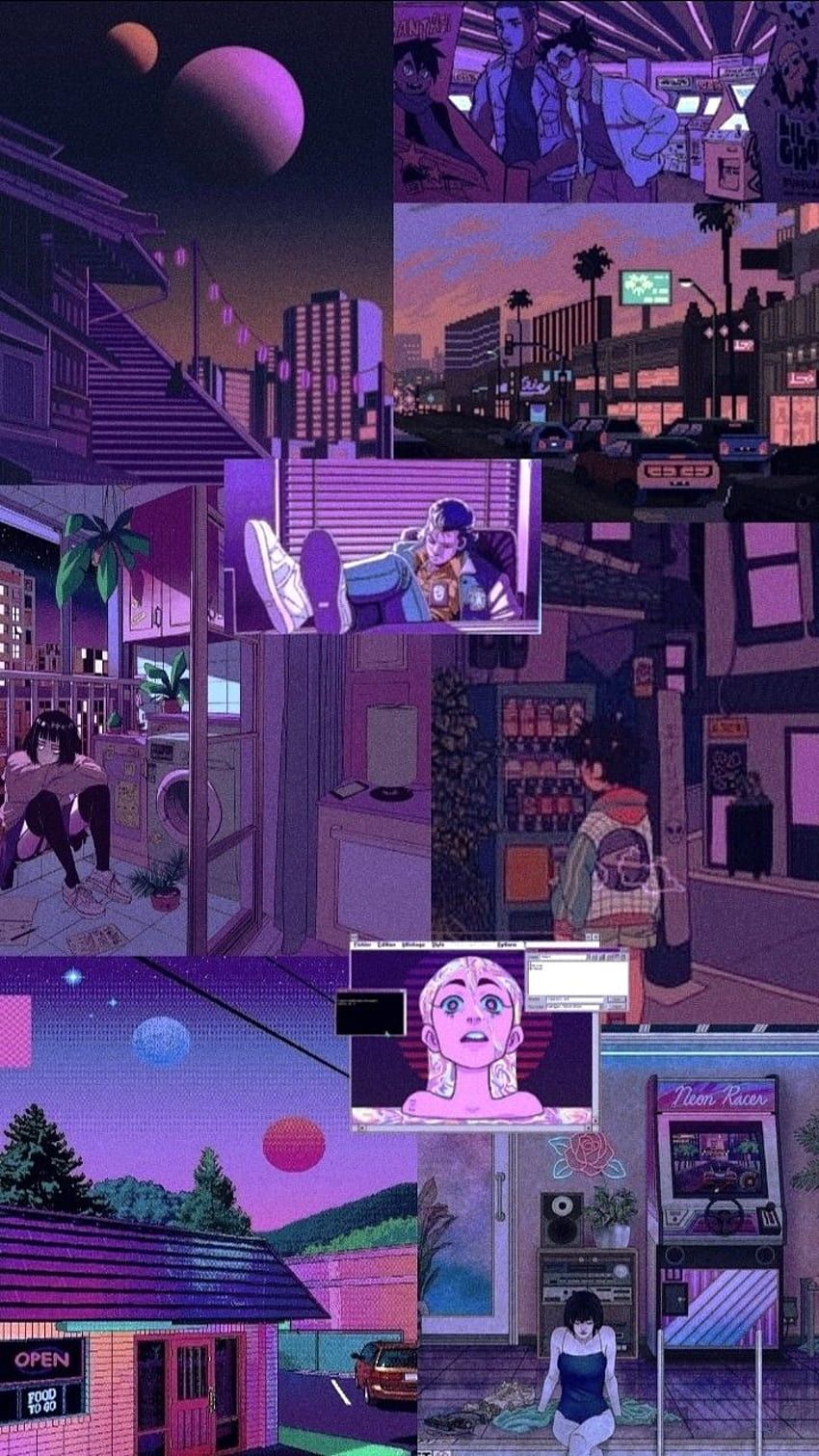 Collage, Vaporwave, Lila, Retro, Ästhetik, HD, Hintergrundbild fürs Handy