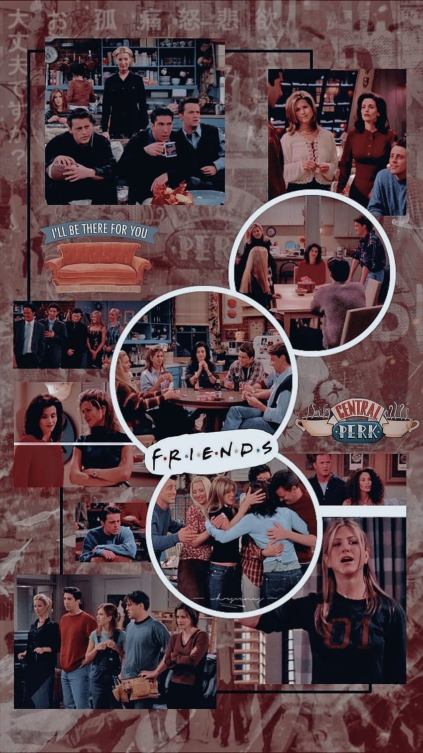 Friends, Collage, Serienszenen, Kreise, Ästhetik, Hochformat, Hintergrundbild fürs Smartphone