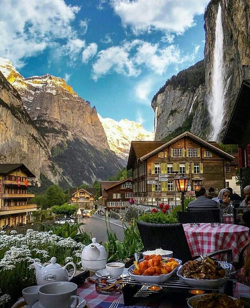 Lauterbrunnen, Staubbachfall, Schweiz, Wasserfall, Terrasse, HD, Tablet-Hintergrund