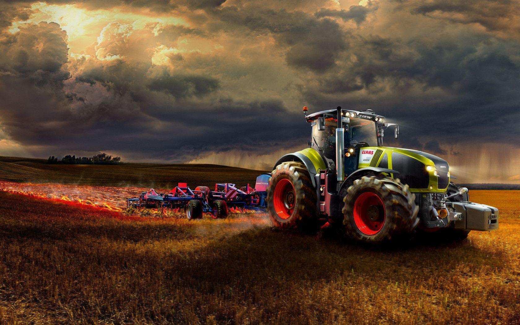 Claas, Traktor, Feldarbeit, Gewitterwolken, Abendlicht, 16:10, HD-Hintergrundbild für den Desktop