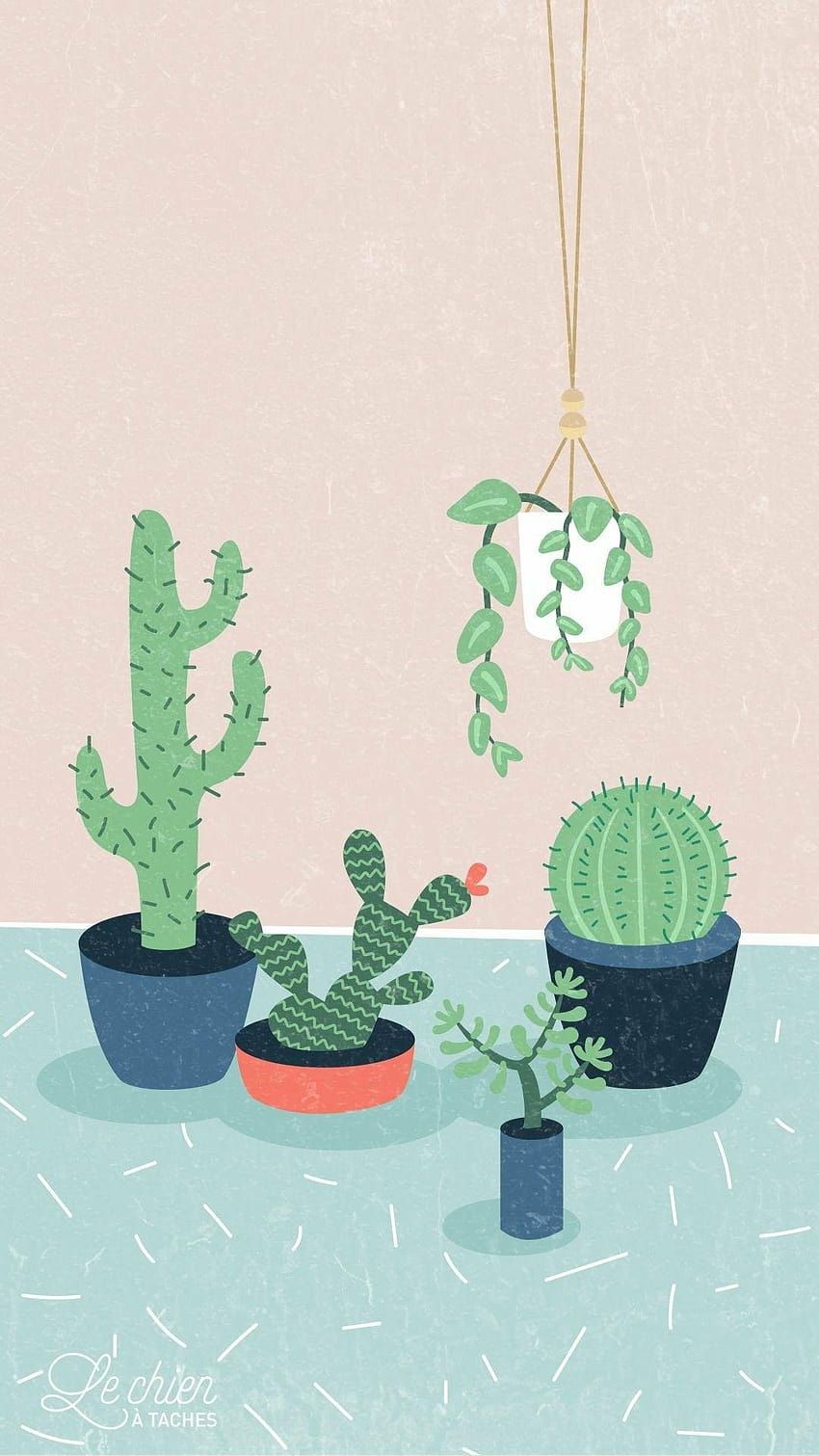 Topfkakteen, Hängepflanze, Pastellfarben, Illustration, Mintgrün, Android-Hintergrundbild