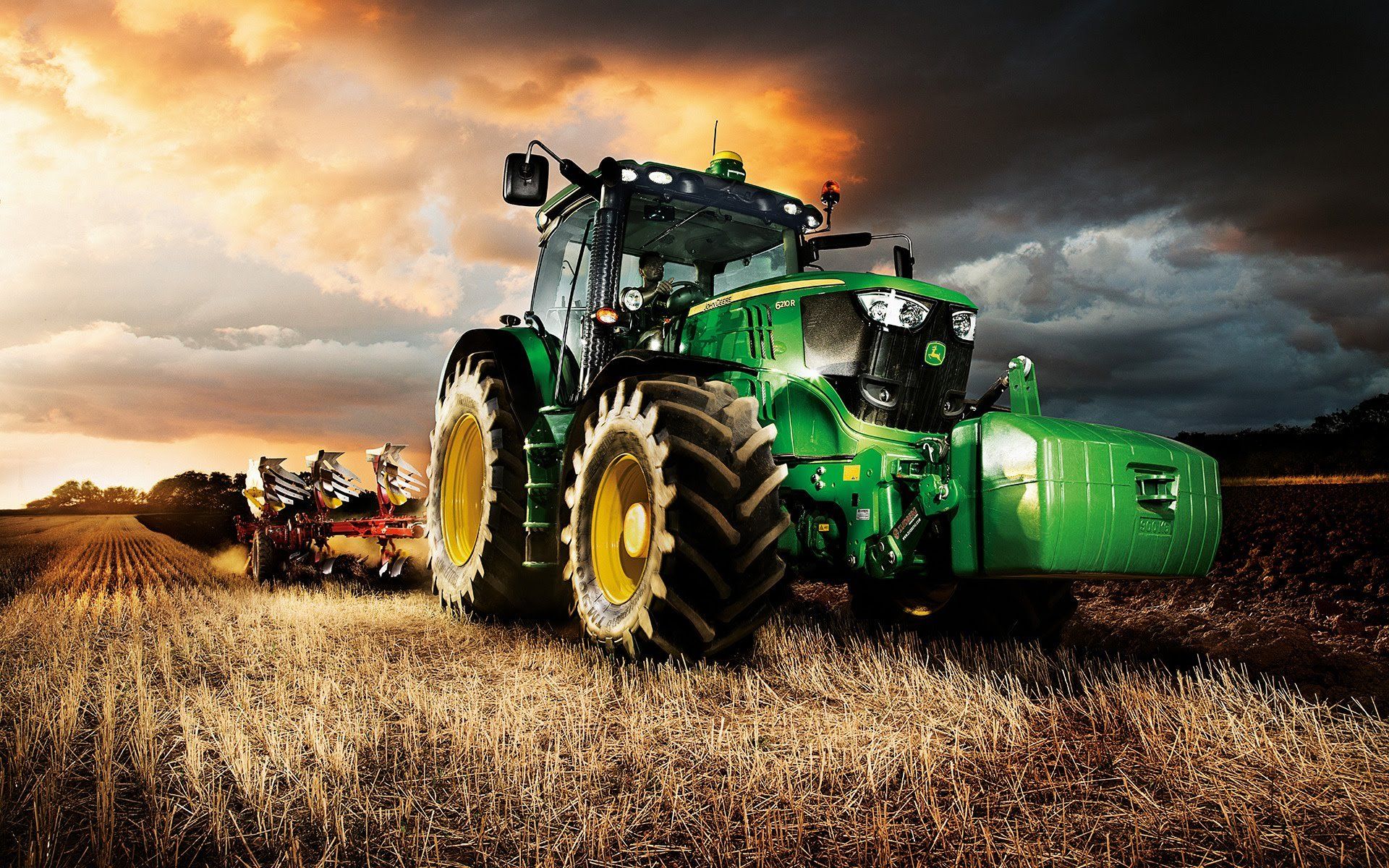 John Deere, Traktor, Feld, Sonnenuntergang, Grün, 16:10, Full-HD-Hintergrundbild für den Desktop