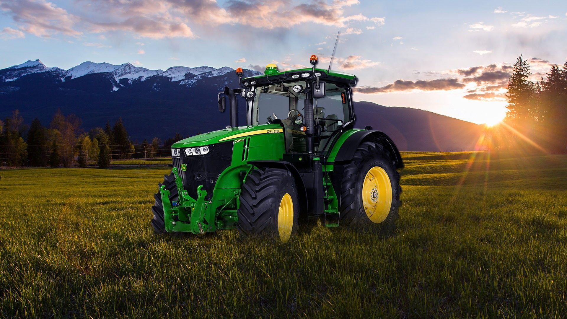 John Deere, Traktor, Wiese, Berge, Gegenlicht, Full HD 1080p, Desktop-Hintergrundbild