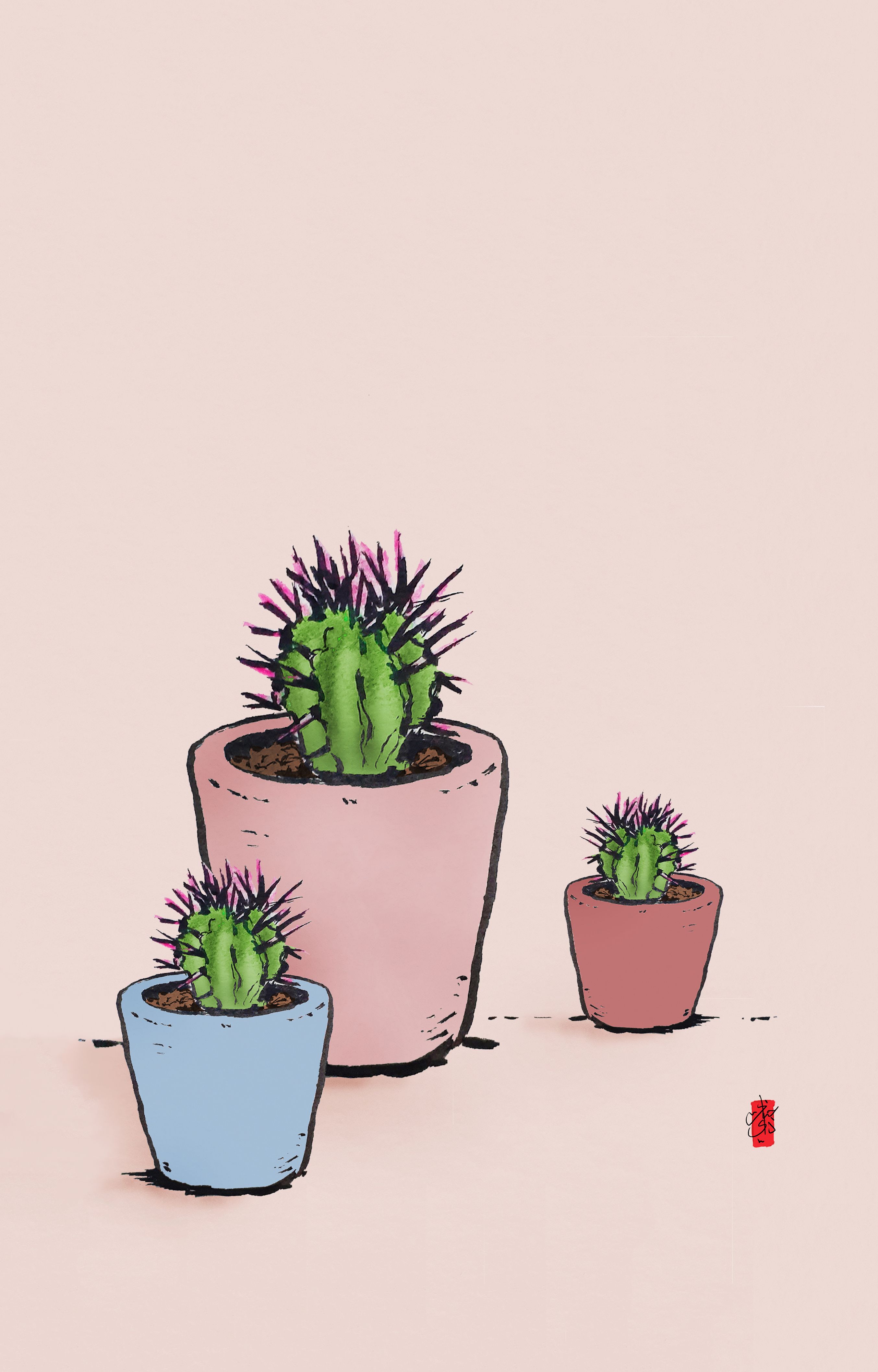 Topfkakteen, Rosa Töpfe, Zeichnung, Altrosa, Minimalistisch, QHD+, Handy-Hintergrundbild