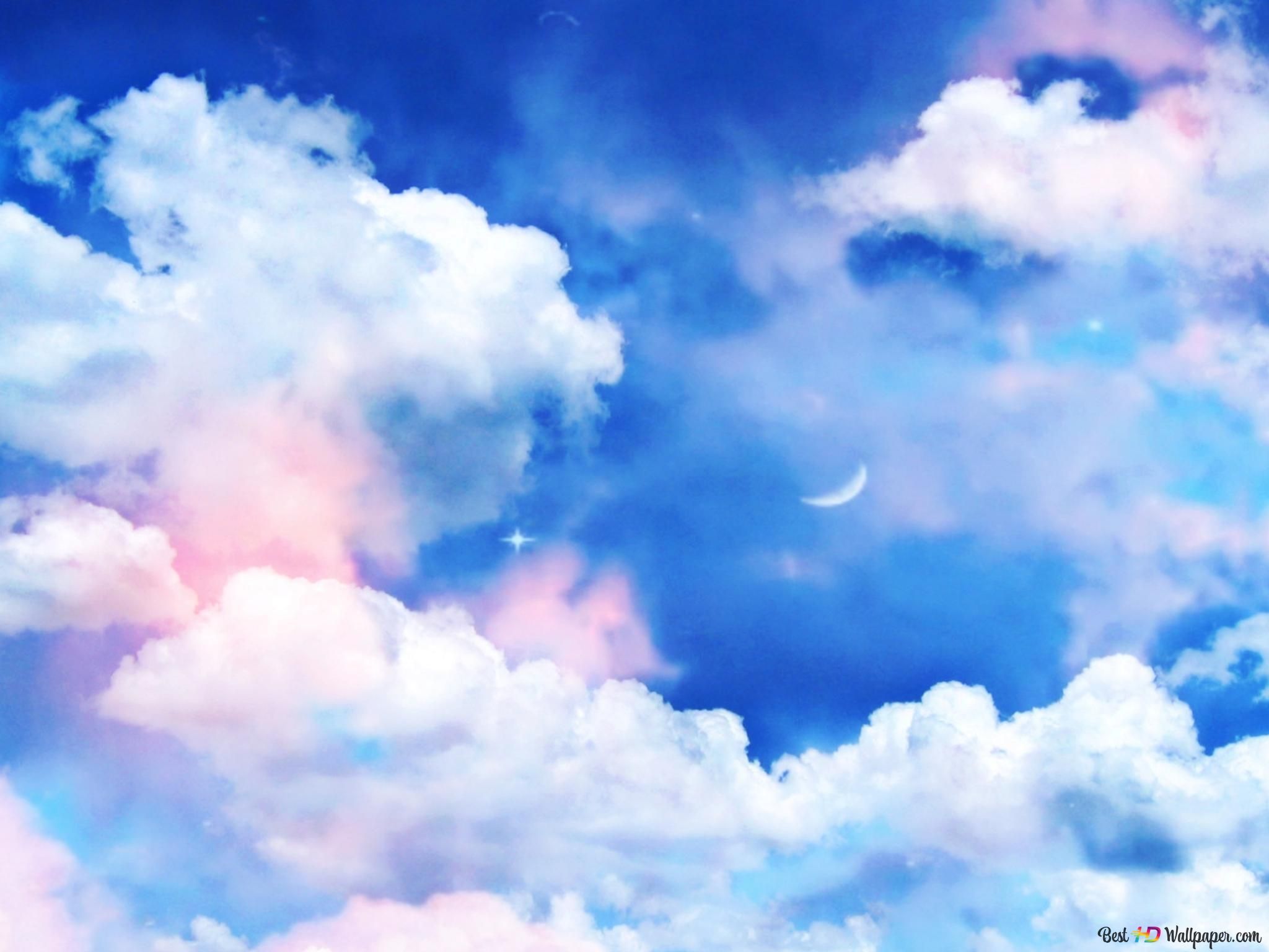 Wolken, Himmel, Mond, Blau, Rosa, Hintergrundbild für iPad und Tablet