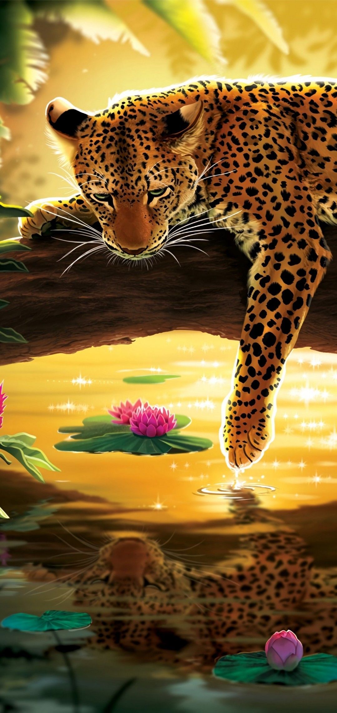 Leopard, Baum, Seerosen, Teich, Malerei, Full HD, Sperrbildschirm fürs iPhone