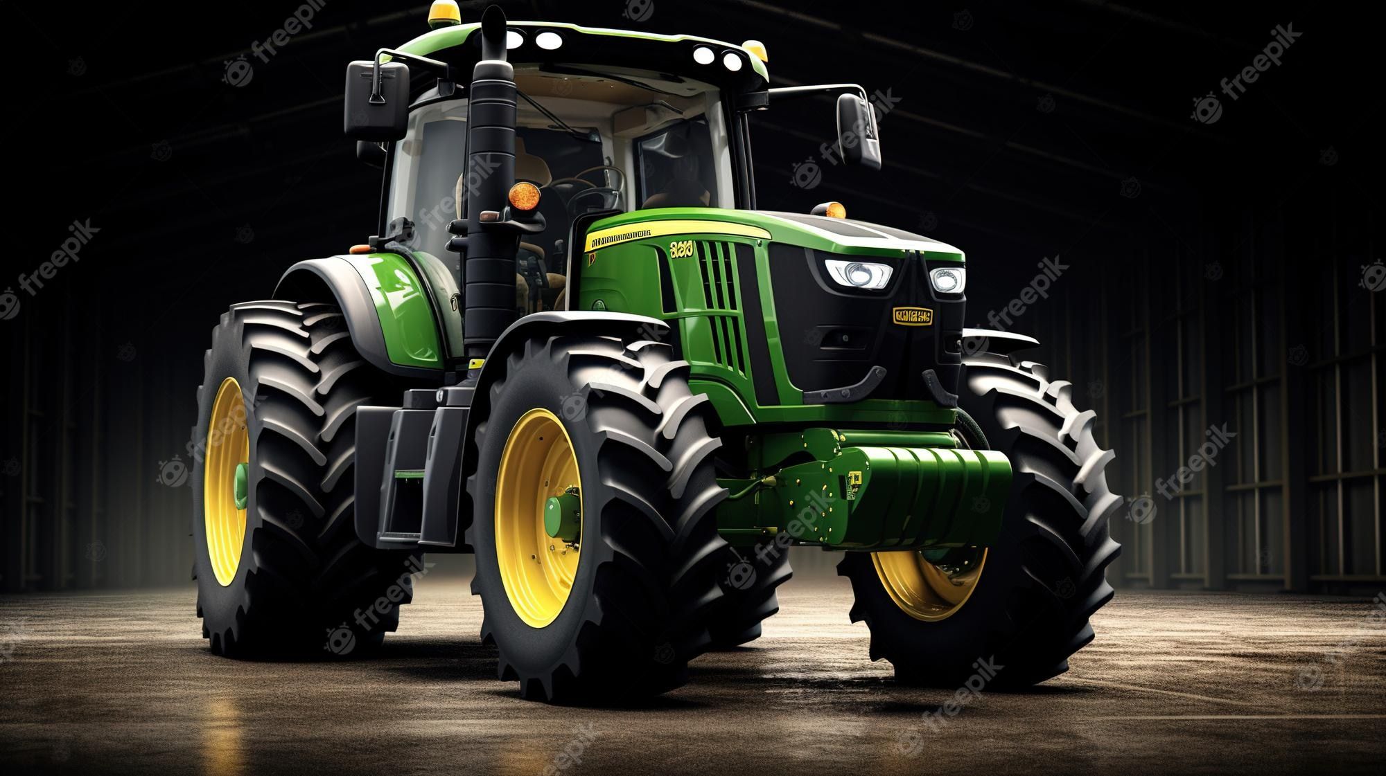 Traktor, Grüner Traktor, Halle, 3D-Render, Gelbe Felgen, Full-HD-Hintergrundbild für PC