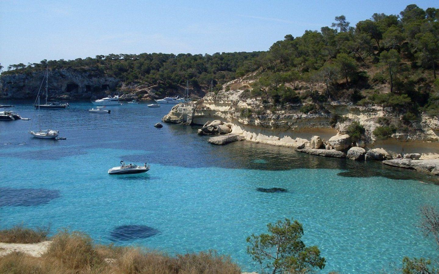 Mallorca, Bucht, Boote, Ankerplatz, Felsküste, Kiefernwald, HD, PC-Hintergrundbild