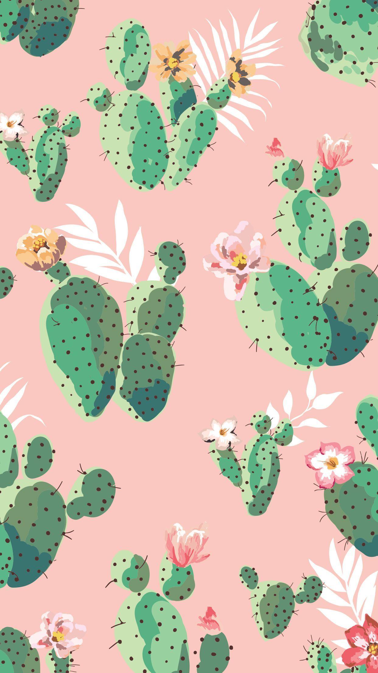 Feigenkaktus, Kaktusblüten, Muster, Rosa Hintergrund, Palmblätter, Sperrbildschirm fürs iPhone