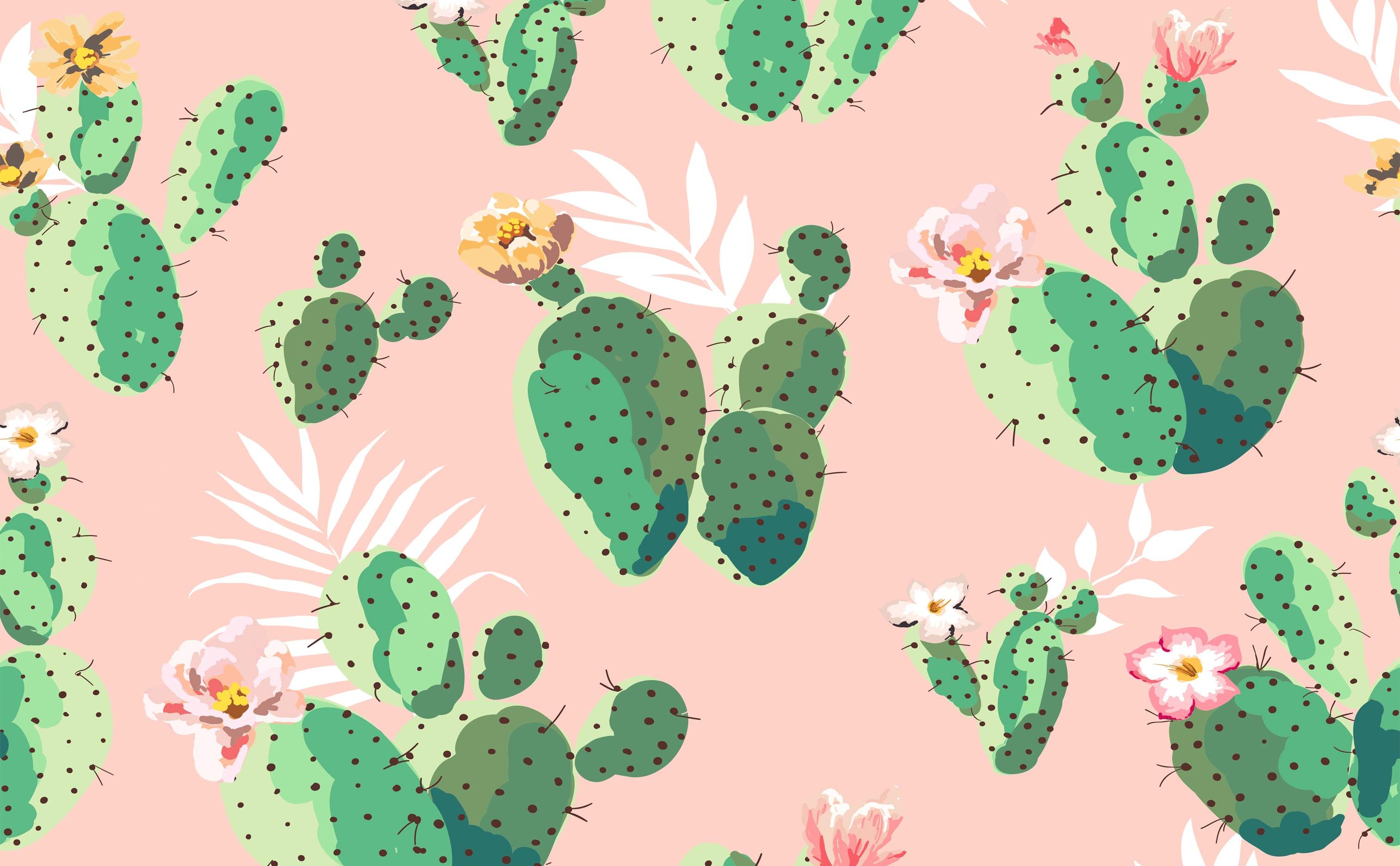 Feigenkaktus, Kaktusblüten, Pfirsichfarben, Palmblätter, Illustration, 2K-Hintergrundbild für PC