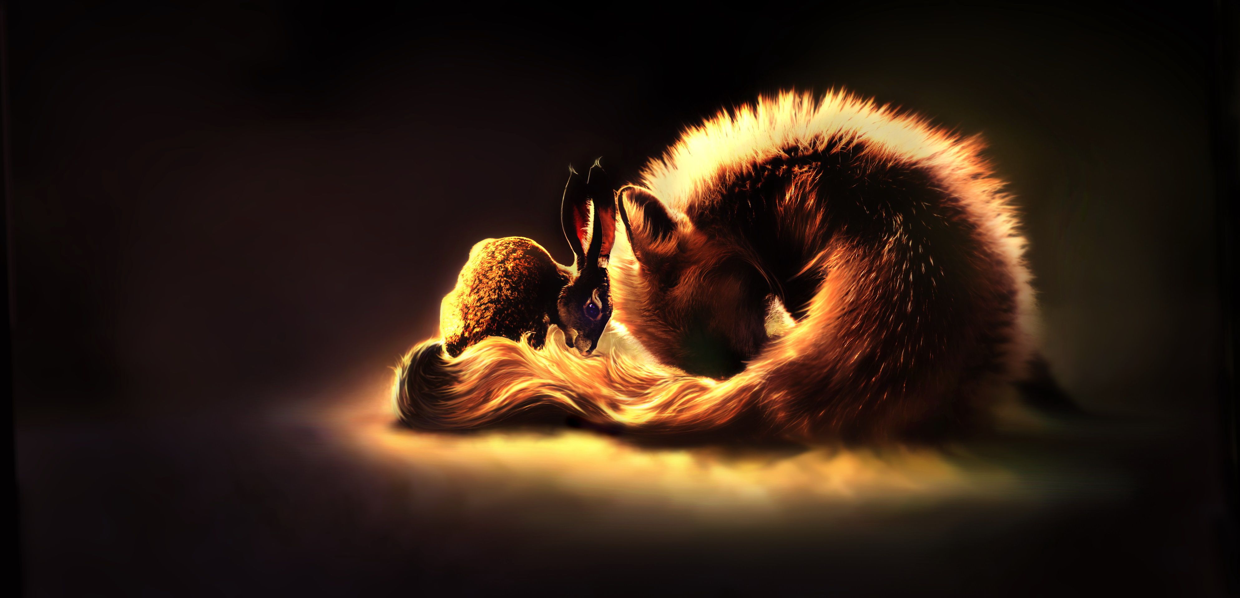 Fuchs, Kaninchen, Schlafen, Kuscheln, Dunkler Hintergrund, 4K Wallpaper