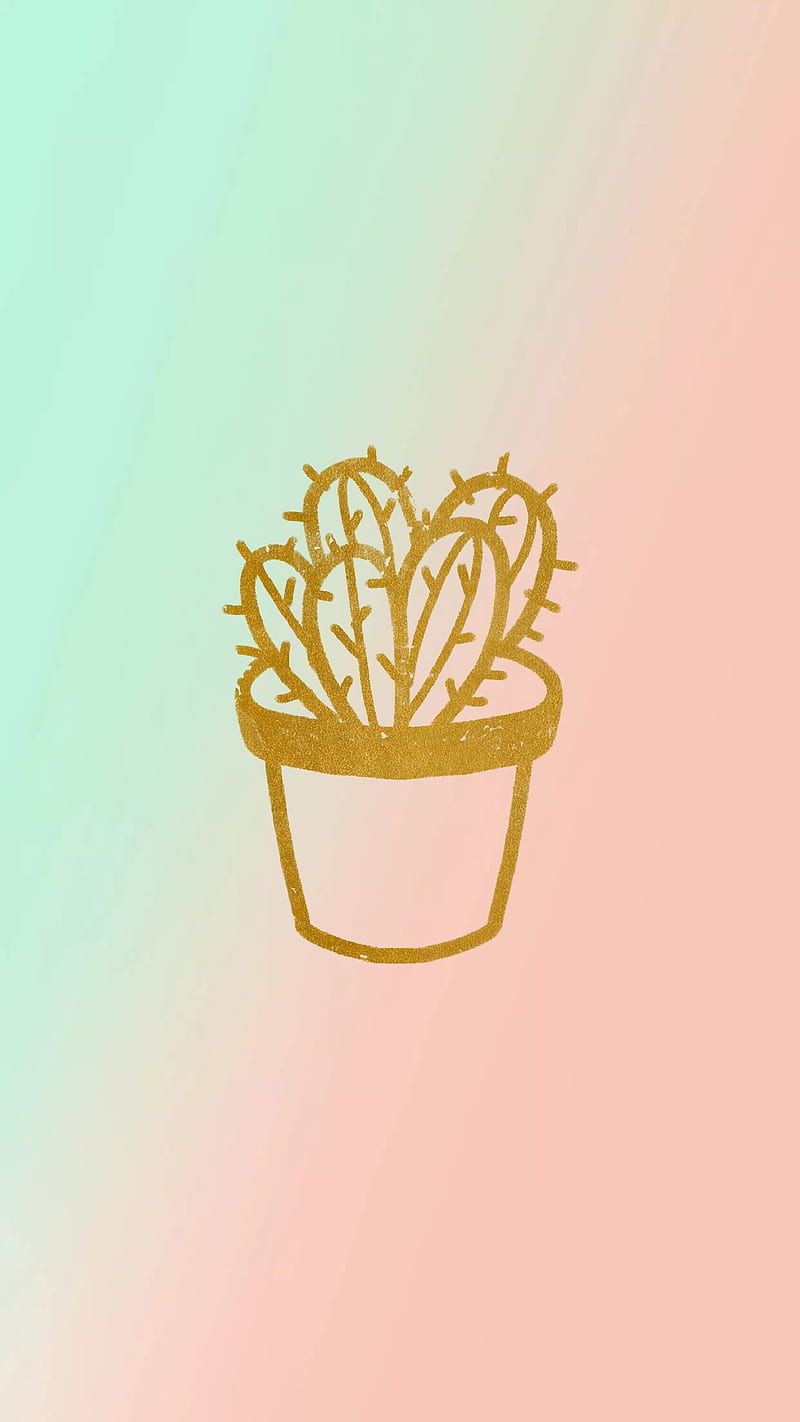 Kaktus, Goldene Linien, Farbverlauf, Mint, Pfirsichfarben, Android-Hintergrundbild