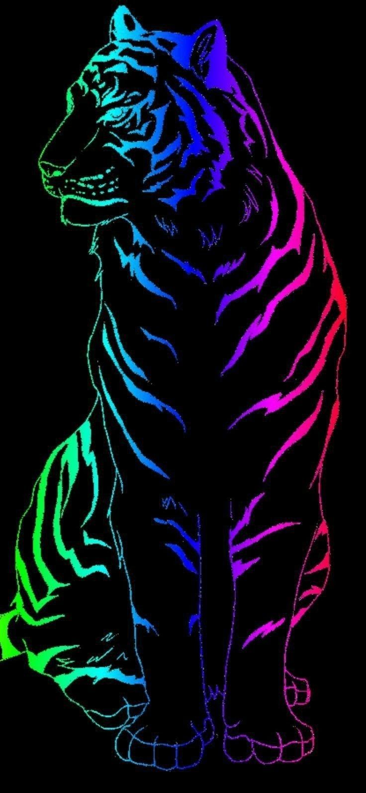 Tiger, Neonlinien, Regenbogenfarben, Schwarzer Hintergrund, Kunst, Sperrbildschirm fürs iPhone