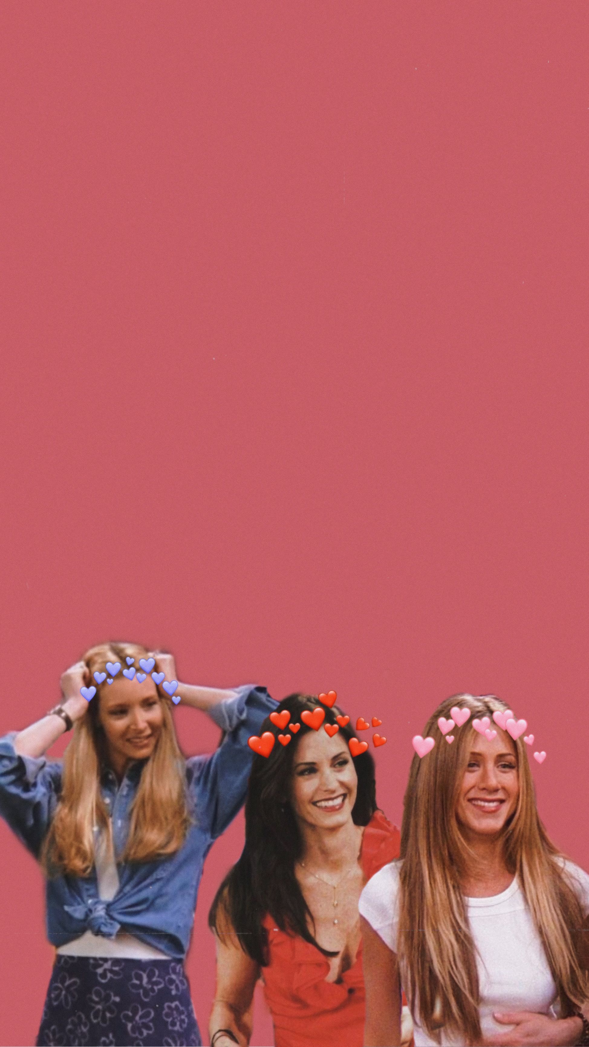 Rachel Green, Monica Geller, Phoebe Buffay, Friends, Blumenkranz, Roter Hintergrund, Sperrbildschirm