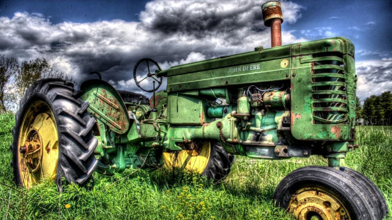 John Deere, Oldtimer-Traktor, HDR, Wiese, Wolken, 16:9, HD-Hintergrundbild für den Desktop