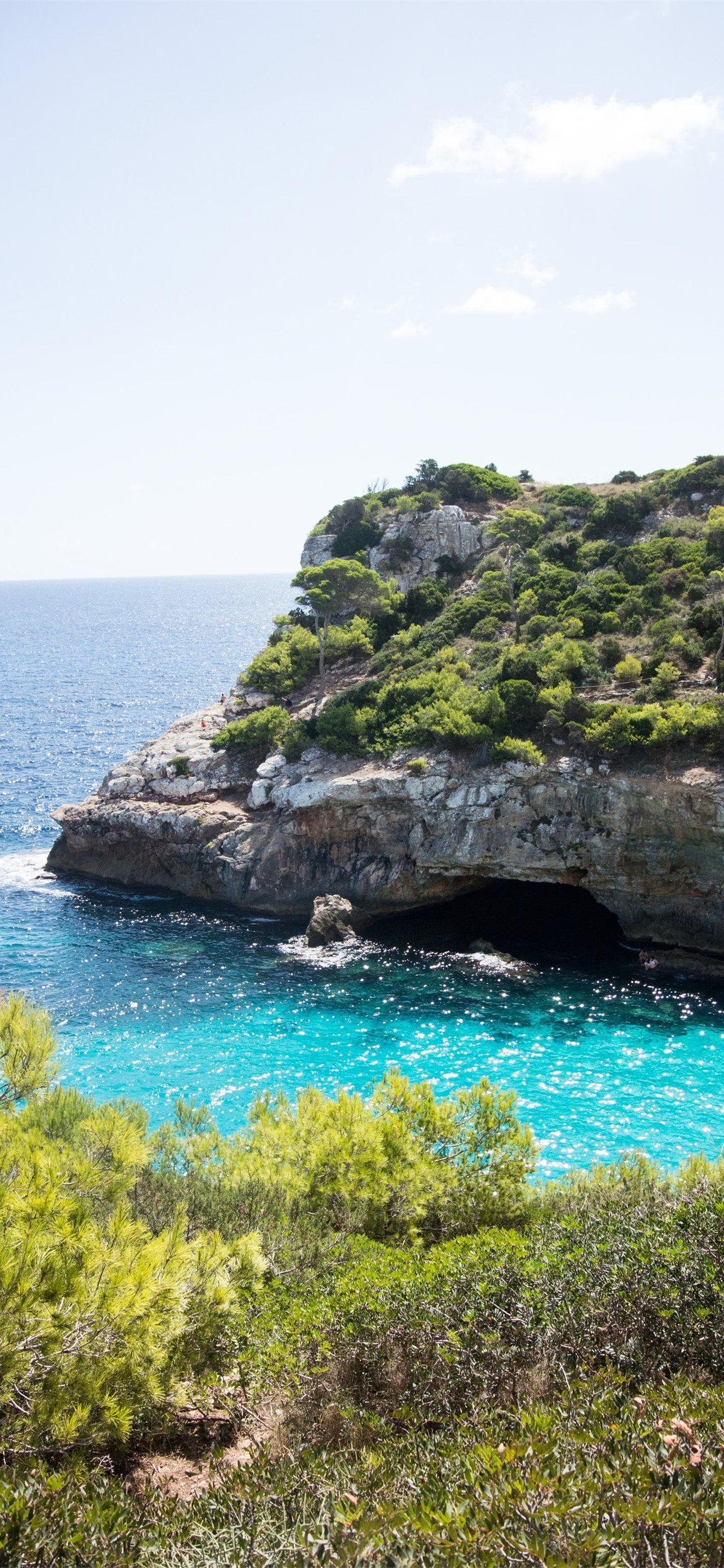 Mallorca, Felsbucht, Türkises Wasser, Pinien, Küste, Full HD, Handy-Hintergrund im Hochformat