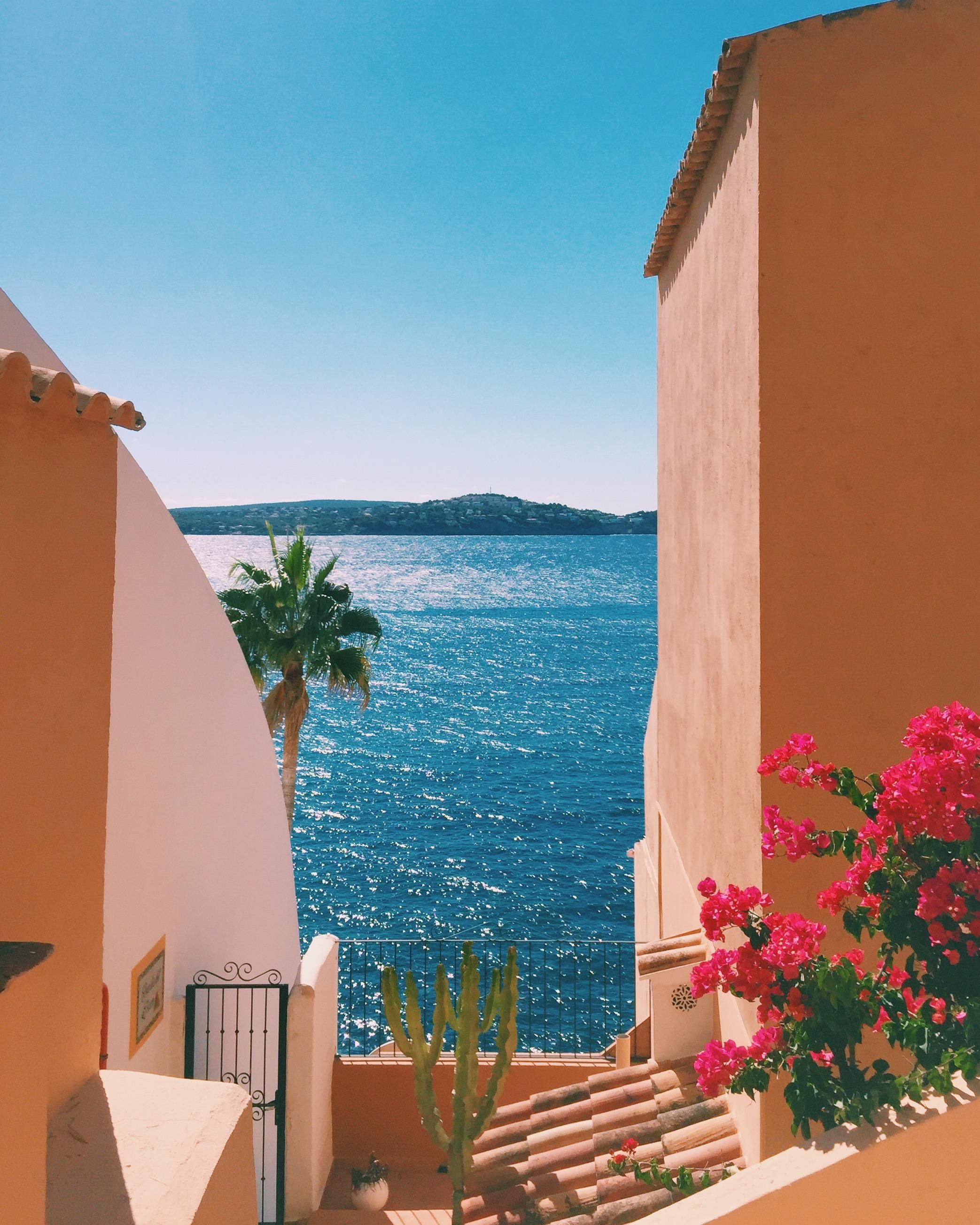 Mallorca, Meerblick, Häuser, Bougainvillea, Palme, Mediterran, QHD+, Tablet-Hintergrund
