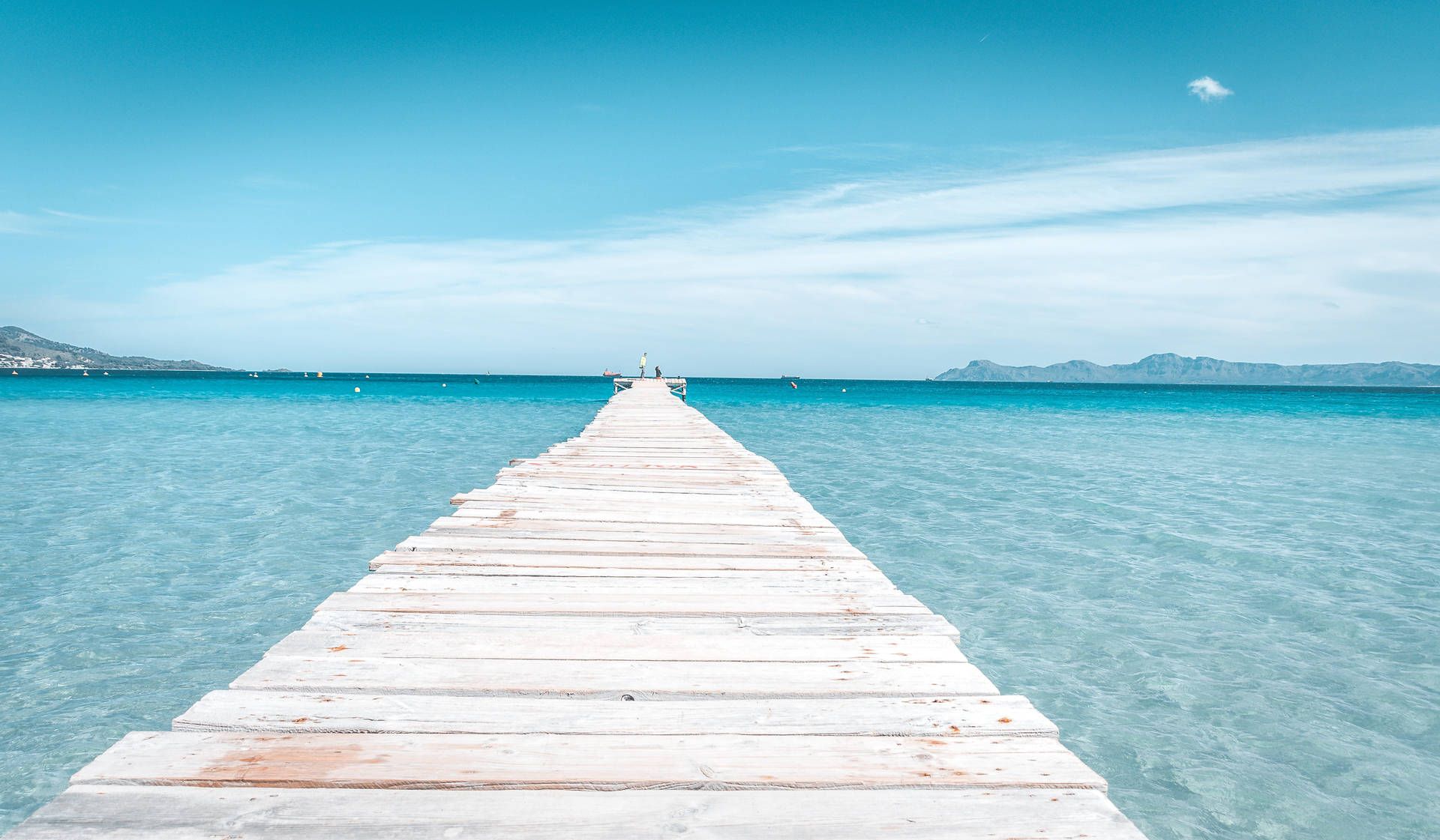 Mallorca, Holzsteg, Türkises Wasser, Bucht von Alcúdia, Blauer Himmel, Strand, Full-HD-Hintergrund