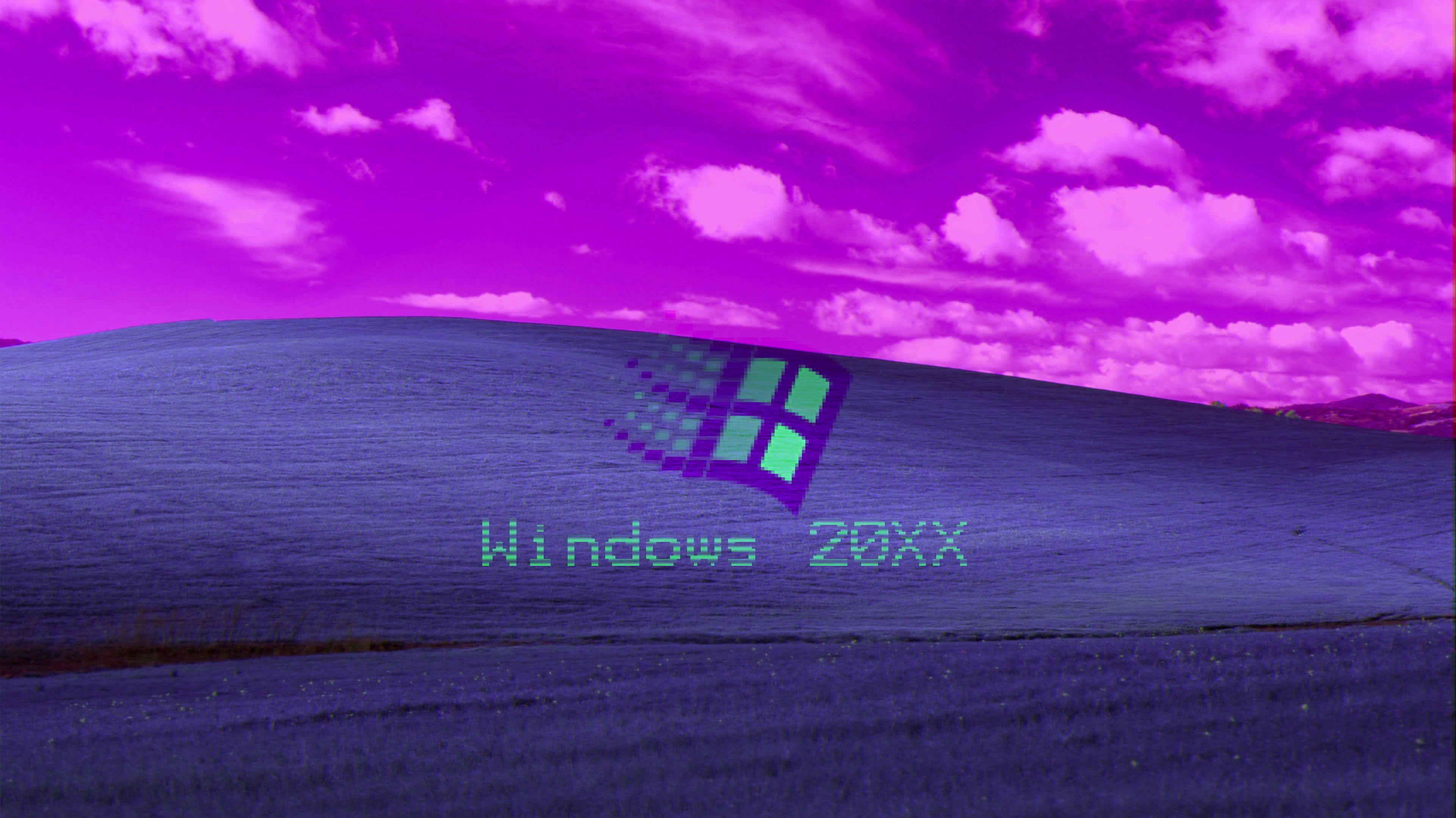 Bliss, Windows 20XX, Vaporwave, Windows-Logo, Magenta, 16:9, 4K-Hintergrundbild für den Desktop